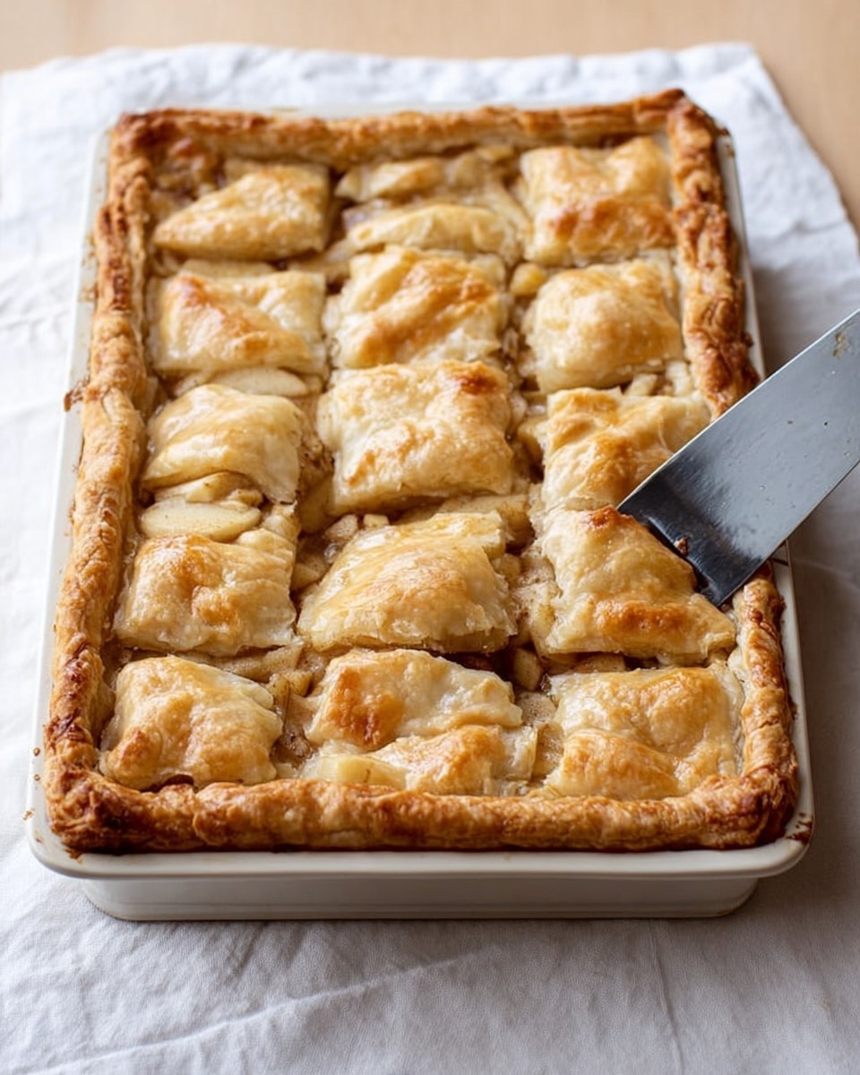 A close-up of a thick slice of apple pie being lifted from a pan with a spatula, showing three main layers: the top golden-brown flaky crust with a slightly crinkled texture and visible sugar crystals, the middle layer filled with soft, caramel-colored apple chunks cooked in a thick sauce, and the bottom layer consisting of a lightly browned, flaky crust that holds the filling. The pan is placed on a white marbled surface and the background is softly blurred. photo taken with an iphone --ar 4:5 --v 7