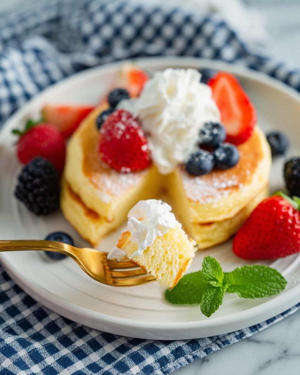 The image shows a white plate with two fluffy light yellow pancakes stacked in the center. Fresh red strawberry halves and whole dark blue blueberries and blackberries surround the pancakes on the plate. A small dollop of white whipped cream is on top of the pancakes, with another bit of whipped cream visible on a golden fork holding a piece of pancake in the front. A small green mint leaf is placed on the side near the strawberries. The setting includes a blue and white checkered cloth under the plate and a white marbled surface in the background. Photo taken with an iphone --ar 4:5 --v 7
