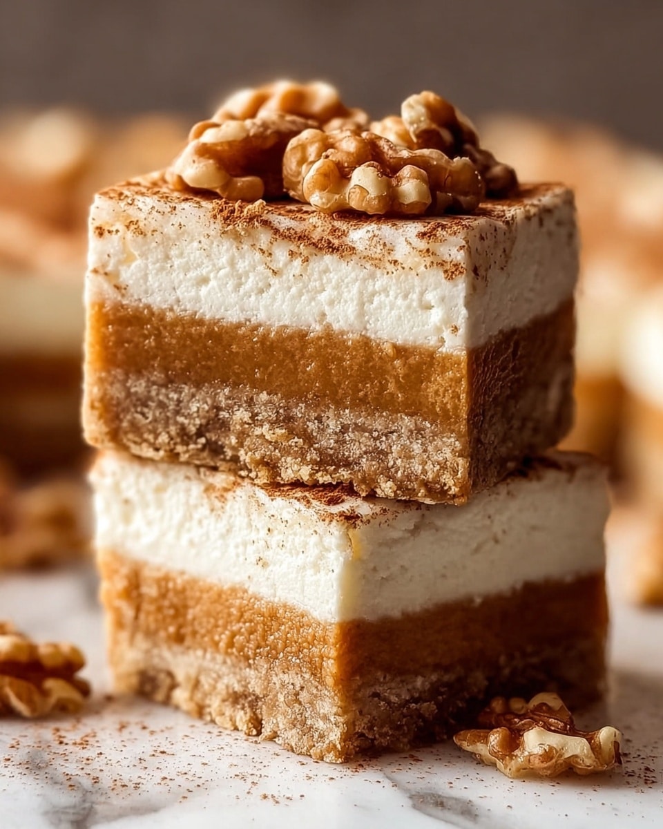The image shows two stacked dessert bars with three clear layers. The bottom layer is a thick, crumbly golden brown crust. The middle layer is a smooth, dense orange-brown filling, likely pumpkin or caramel flavored. The top layer is a thick, creamy white frosting with a light dusting of cinnamon or spice powder. The upper bar has a small pile of chopped walnuts on top. The bars rest on a white marbled surface with blurred pumpkins in the background. The focus highlights the texture and detail of each layer, making the dessert look rich and inviting. Photo taken with an iphone --ar 4:5 --v 7
