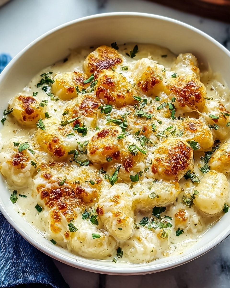 A white bowl filled with a creamy dish of gnocchi layered with melted cheese on top that is golden brown and slightly crispy. The gnocchi beneath appears soft and coated in a smooth, light cream sauce. Scattered fresh chopped green herbs add color contrast across the dish. The bowl is set on a white marbled surface with part of a blue cloth visible under one side. photo taken with an iphone --ar 4:5 --v 7