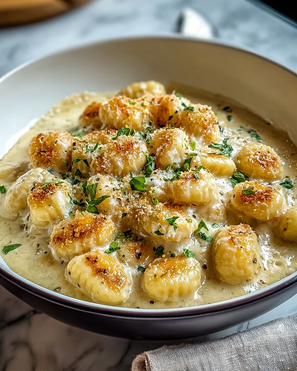 The dish is a bowl of creamy gnocchi in a white bowl with a dark rim, filled almost to the top. The gnocchi pieces are plump and golden, with a light crispy brown crust on the top layer mixed with melted cheese. The sauce underneath is thick and creamy, pale yellowish-white in color, coating the gnocchi evenly. Small bits of green herbs, likely parsley, are sprinkled on top, adding a fresh contrast. The bowl sits on a white marbled surface with a small piece of folded fabric partly visible at the bottom edge. photo taken with an iphone --ar 4:5 --v 7