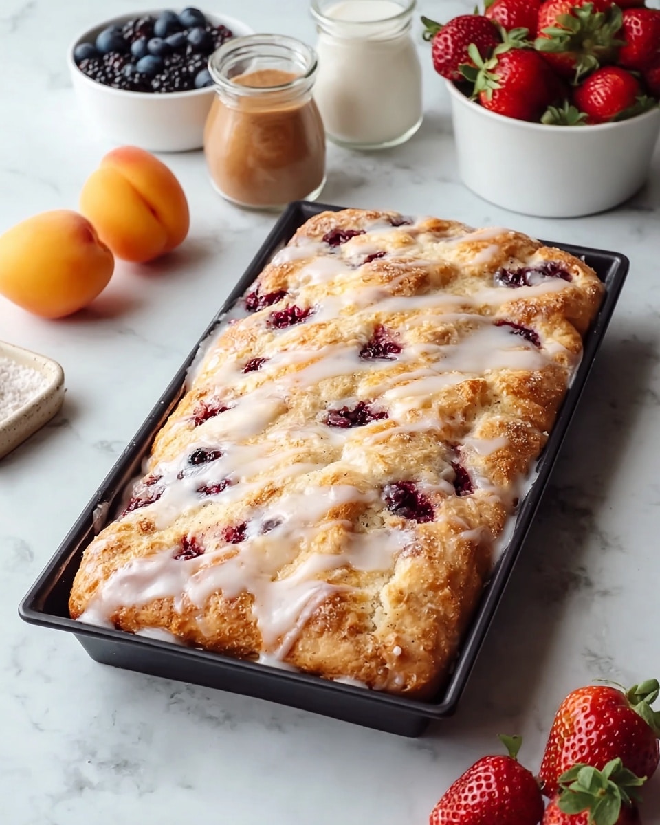 A rectangular baked fruit pastry sits in a black baking tray with a golden-brown crust, covered in a shiny, white icing glaze that drips slightly over the textured surface. The top layer shows scattered, deep red berries baked into the pastry, creating red spots throughout. The crust looks flaky and soft with fluted edges. In the background on a white marbled surface, there are fresh fruits including an apricot, blueberries, and blackberries, two small white jars filled with brown and tan sugar, and a white bowl filled with bright red strawberries with green leaves. The scene is bright and clean. photo taken with an iphone --ar 4:5 --v 7