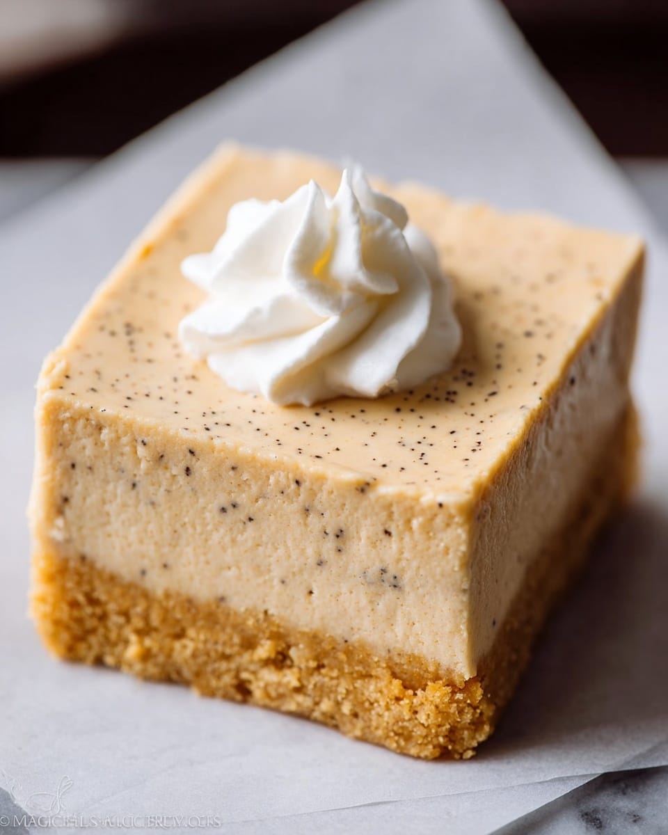The image shows a square dessert with two layers placed on a white marbled surface. The bottom layer is a crumbly, golden-brown crust with a rough texture. The top layer is a thick, smooth, creamy filling in a light tan shade speckled with small dark dots, giving it a slightly grainy appearance. On top of this layer, there is a small dollop of white whipped cream, shaped with a soft peak in the center. The dessert slice sits on a white sheet of parchment paper that slightly peeks from underneath. Photo taken with an iphone --ar 4:5 --v 7