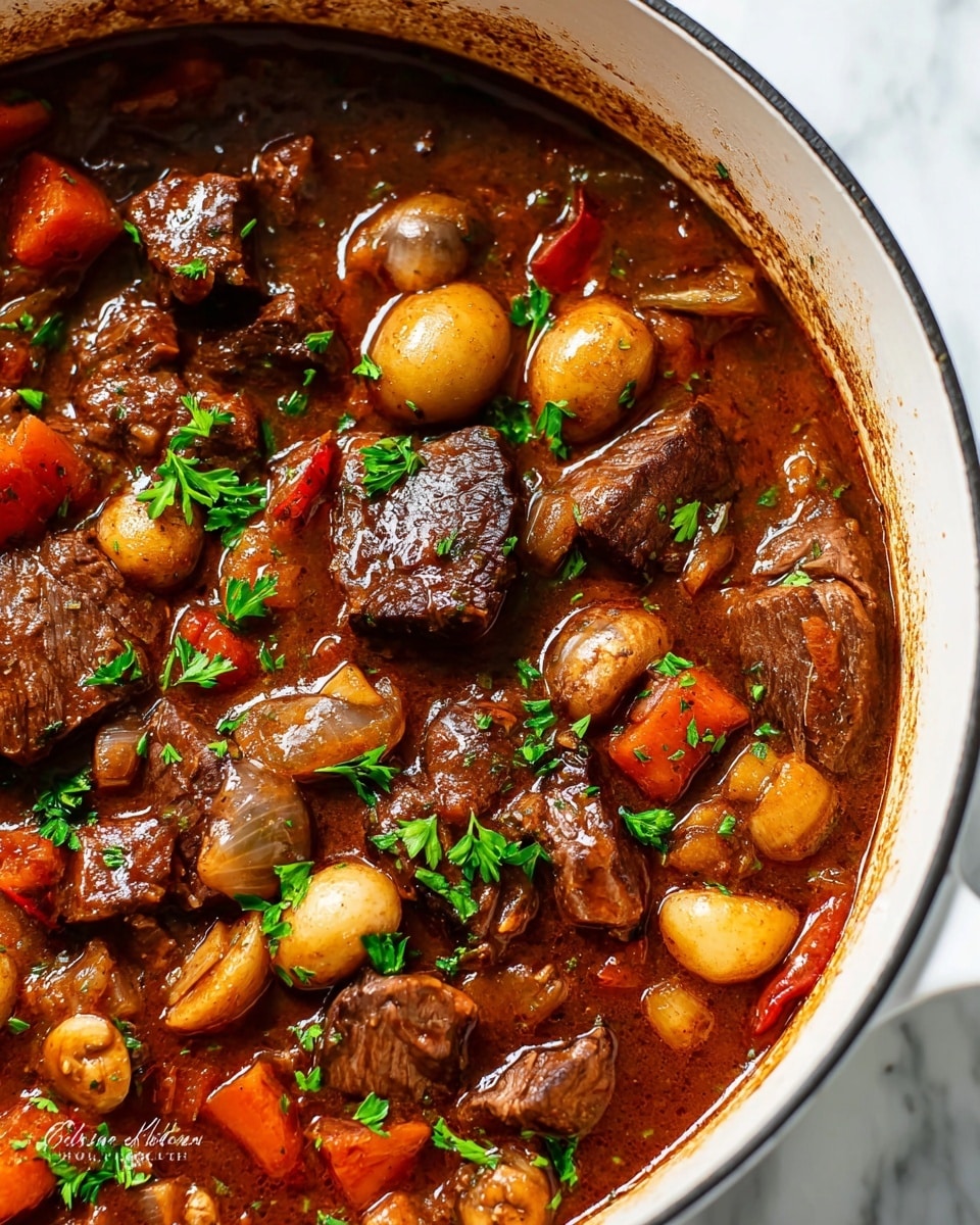 A close-up view of a white pot filled with rich stew showing large chunks of dark brown beef, orange carrot pieces, whole pearl onions with a light golden color, brown mushrooms, and small bits of red bell pepper, all coated in a glossy, thick brown sauce. Bright green parsley leaves are scattered on top adding a fresh touch, and the pot is sitting on a white marbled surface. The stew looks hearty and textured with visible juices and herbs throughout, capturing the warmth and comfort of the dish. photo taken with an iphone --ar 4:5 --v 7