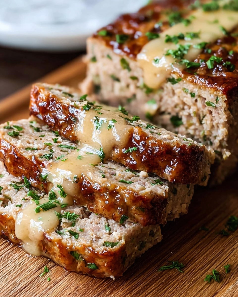 The image shows a thick, square meatloaf cut into slices, resting on a wooden board with a white marbled texture in the background. The meatloaf has a golden-brown crust on top, glistening with a shiny glaze, and is dotted with small green herbs throughout its light brown interior, showing its moist and tender texture. Each slice reveals the dense yet soft inside with chopped herbs evenly distributed. The top surface is lightly drizzled with a thick, pale-yellow sauce, adding a creamy texture and extra shine. Sprinkles of fresh green herbs are scattered over the top and around the meatloaf pieces, enhancing its fresh and flavorful look. Photo taken with an iphone --ar 4:5 --v 7