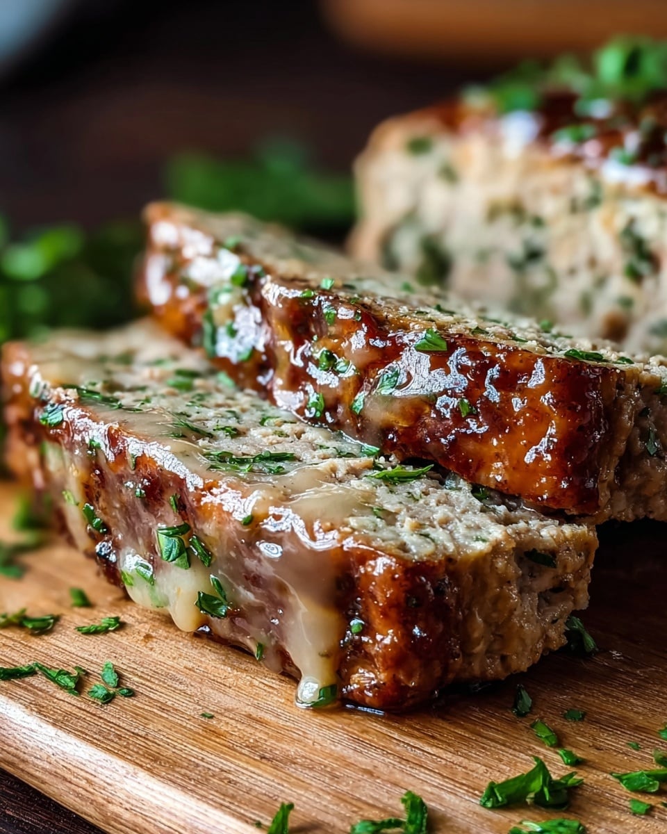 The image shows two thick slices of meatloaf on a wooden board, each slice having two layers: a cooked, browned outer layer with a crispy texture and a light, moist inner layer mixed with herbs, giving a slightly green speckled look. The meatloaf is topped with a shiny glaze sauce that has a smooth, slightly translucent texture, and fresh chopped green herbs are sprinkled on top and around the board. The close-up shot focuses on the front slice with blurred background slices, creating a rich, appetizing look. Photo taken with an iphone --ar 4:5 --v 7