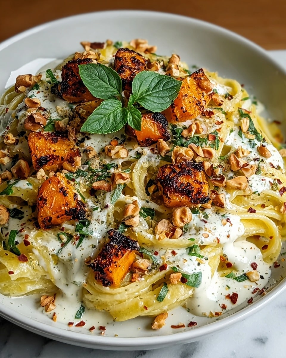 A close-up of a white plate filled with three main layers of food. The bottom layer is creamy yellow pasta with herbs mixed in. On top of this, there are visible dollops of white sauce drizzled unevenly, providing a smooth texture. The dish is sprinkled with small green leaf pieces and crushed red pepper flakes. Scattered over the top are browned orange cubes that look roasted, with a slightly crispy surface. Whole toasted brown nuts are spread around these cubes, adding a rough texture. At the very top, a small green herb leaf decorates the dish. The plate sits on a white marbled texture surface. photo taken with an iphone --ar 4:5 --v 7