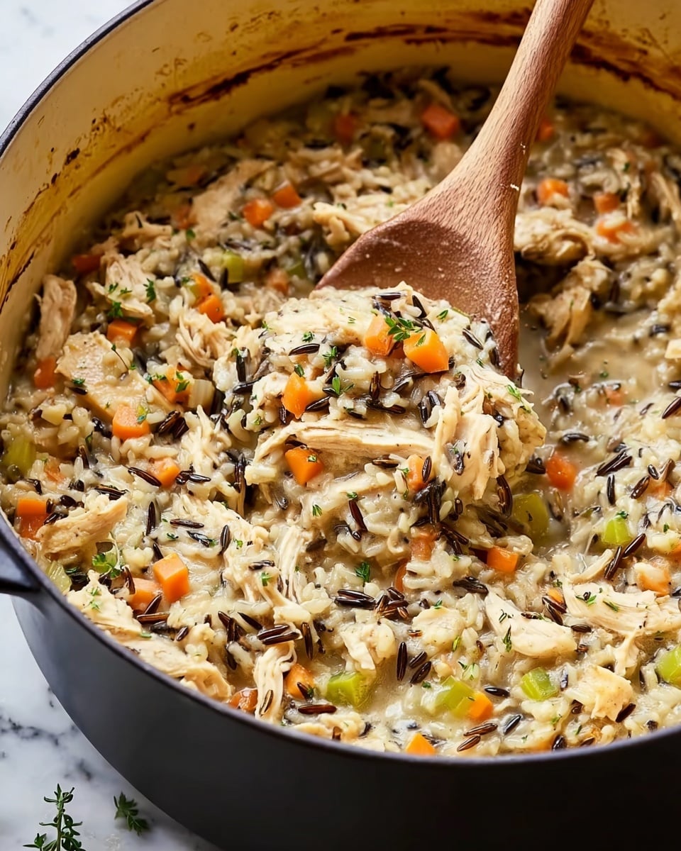 A close-up image of a thick, creamy rice dish in a large black pot with a brownish-yellow inner surface showing cooked marks. The dish has three main layers mixed together: a base of tender, shredded light beige chicken pieces, a middle layer of creamy off-white rice with wild rice grains mixed in dark brown thin strips, and scattered diced bright orange carrots and light green celery pieces. Small green herb bits are sprinkled throughout. A wooden spoon is scooping up a portion of the dish from the pot. The setting includes a white marbled surface underneath the pot. photo taken with an iphone --ar 4:5 --v 7