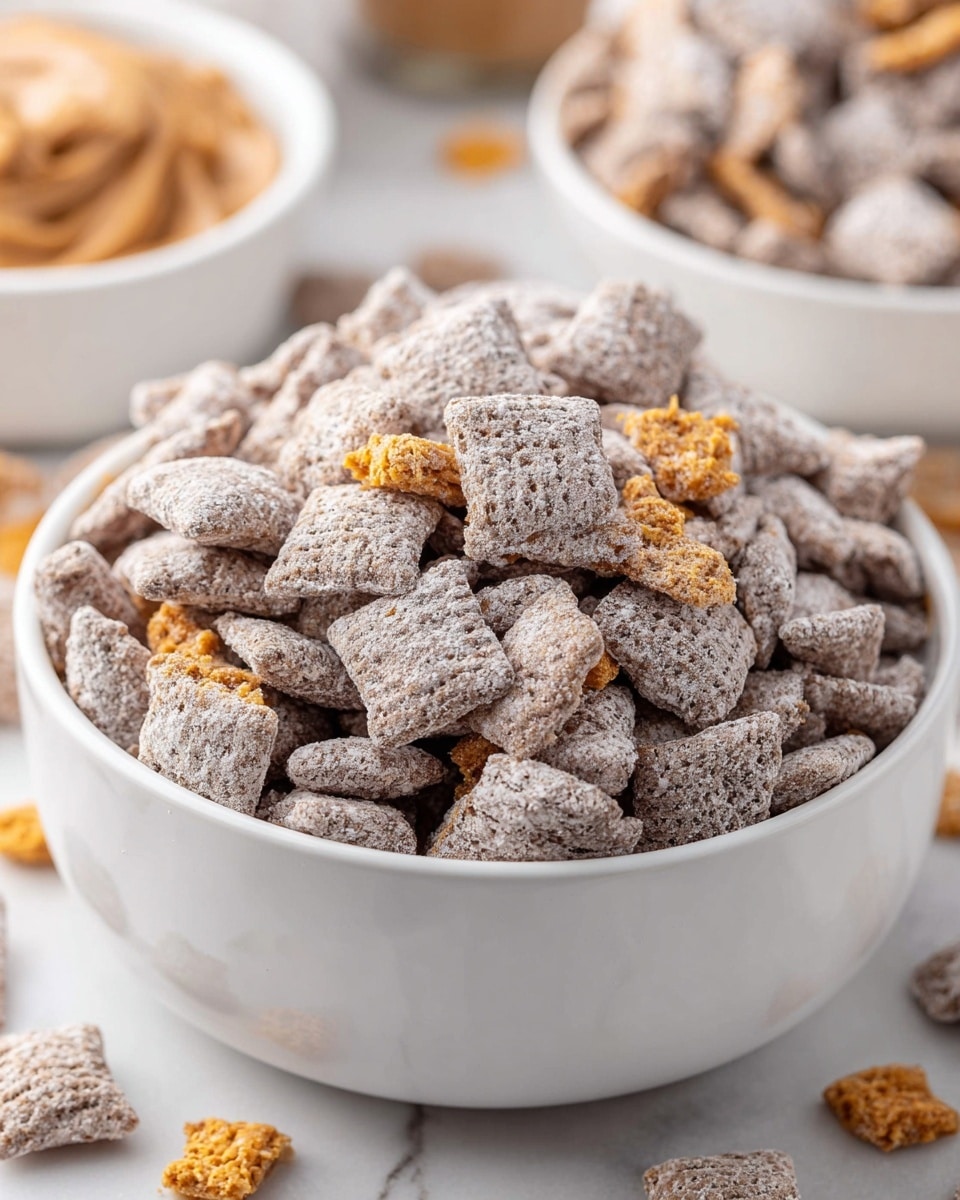 A white bowl filled with square cereal pieces coated in a light powdery layer. The cereal pieces are mostly grayish brown with a rough texture and scattered with small crunchy golden brown clusters. The bowl sits on a white marbled surface with parts of other white bowls containing similar cereals and peanut butter blurred in the background. Photo taken with an iphone --ar 4:5 --v 7