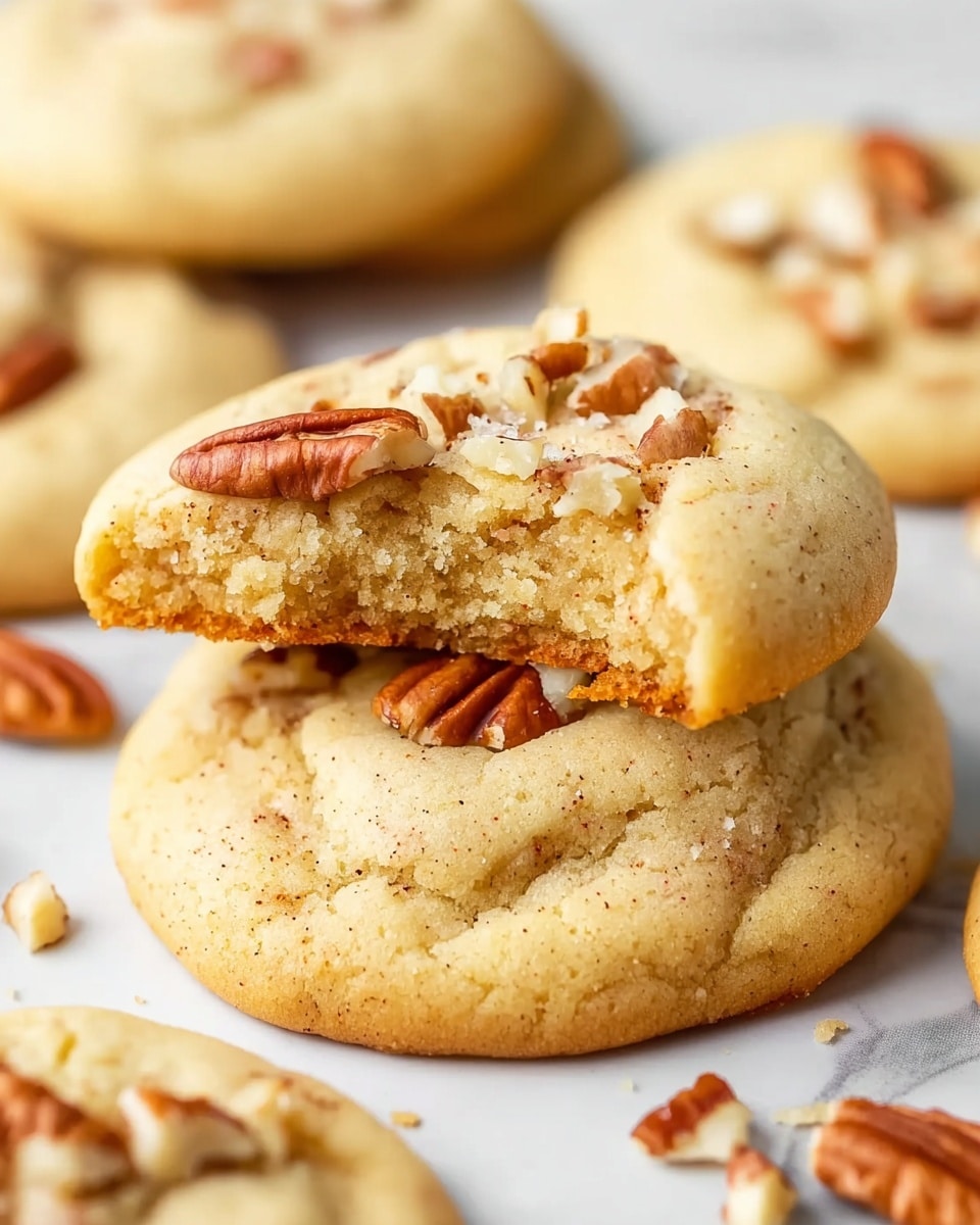 The image shows two soft, golden-brown cookies stacked on each other on a white marbled surface. The top cookie has a bite taken out of it, revealing a light, crumbly texture inside, while chunks of pecan nuts are embedded on the top surface of both cookies. The cookies are thick and slightly rounded, with a smooth surface that has gentle cracks. More cookies with similar appearances are blurred in the background, adding depth to the composition. photo taken with an iphone --ar 4:5 --v 7
