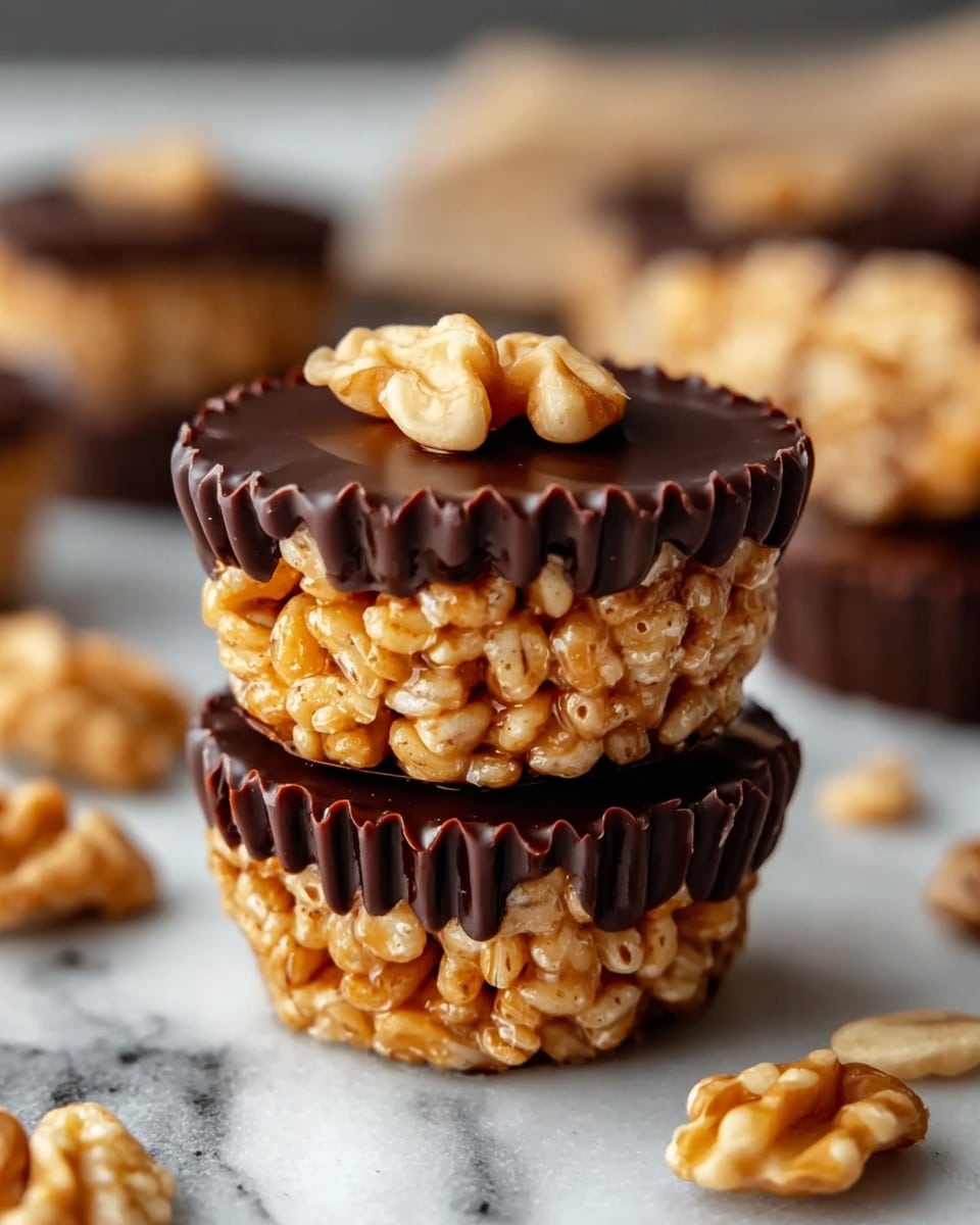 The image shows two stacked treats made of crispy golden rice cereal layered inside a dark brown chocolate cup base. On top of each treat is a glossy dark chocolate layer that coats the rice cereal and is drizzled slightly over the sides. The top treat is garnished with a single light beige walnut piece. In the background, similar treats and scattered walnuts rest on a white marbled texture. The overall look is rich with a mix of smooth chocolate and crunchy cereal textures. photo taken with an iphone --ar 4:5 --v 7