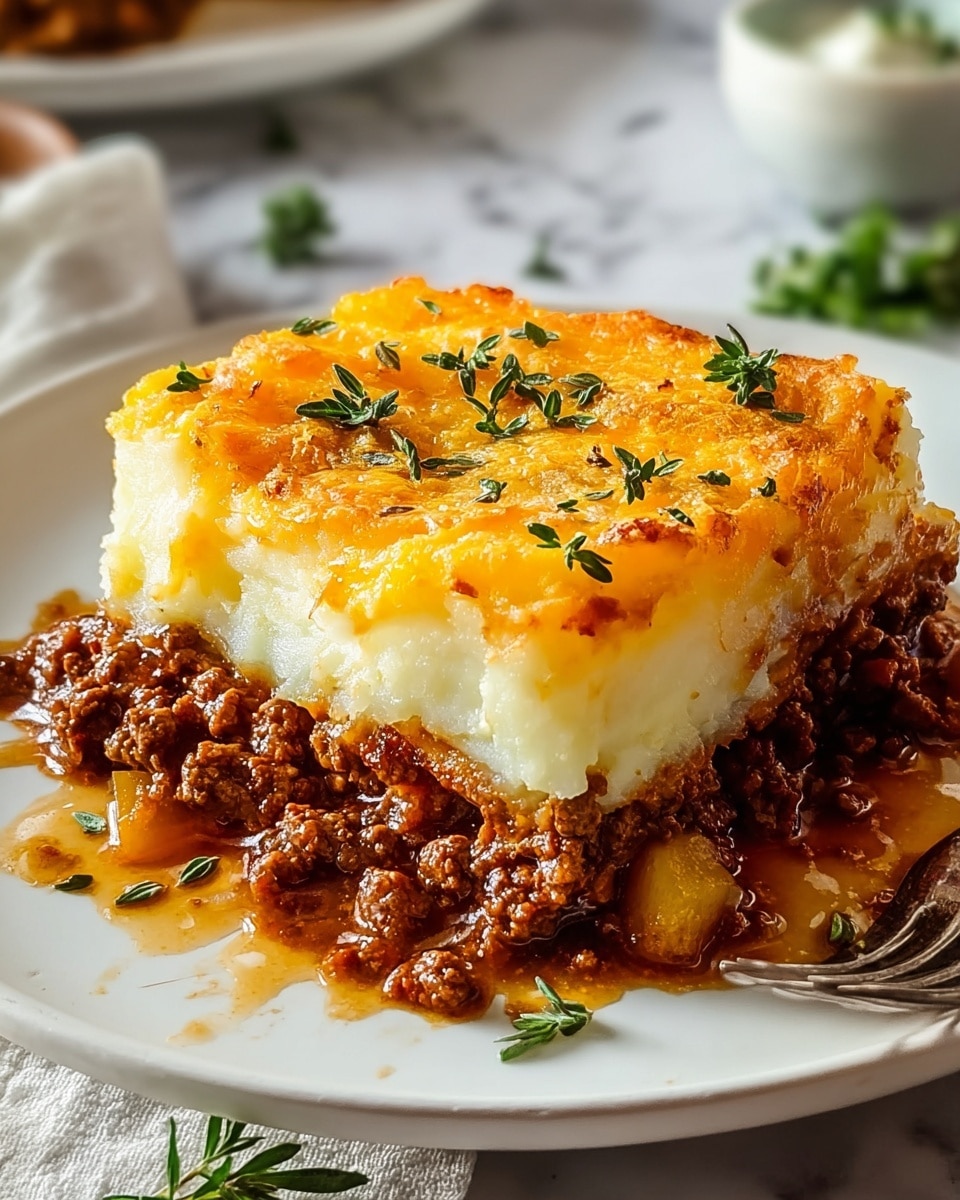 A close-up of a slice of layered shepherd's pie on a white plate, showing three main layers: the bottom layer is rich brown cooked ground meat in thick sauce, the middle layer is creamy white mashed potatoes with visible soft chunks, and the top layer is golden melted cheddar cheese with a slightly crispy texture and small brown spots, sprinkled with fresh green herbs. Some sauce and ground meat spill around the slice on the plate, and there are small pieces of herbs scattered nearby. The setting includes a white marbled textured surface in soft natural light. Photo taken with an iphone --ar 4:5 --v 7