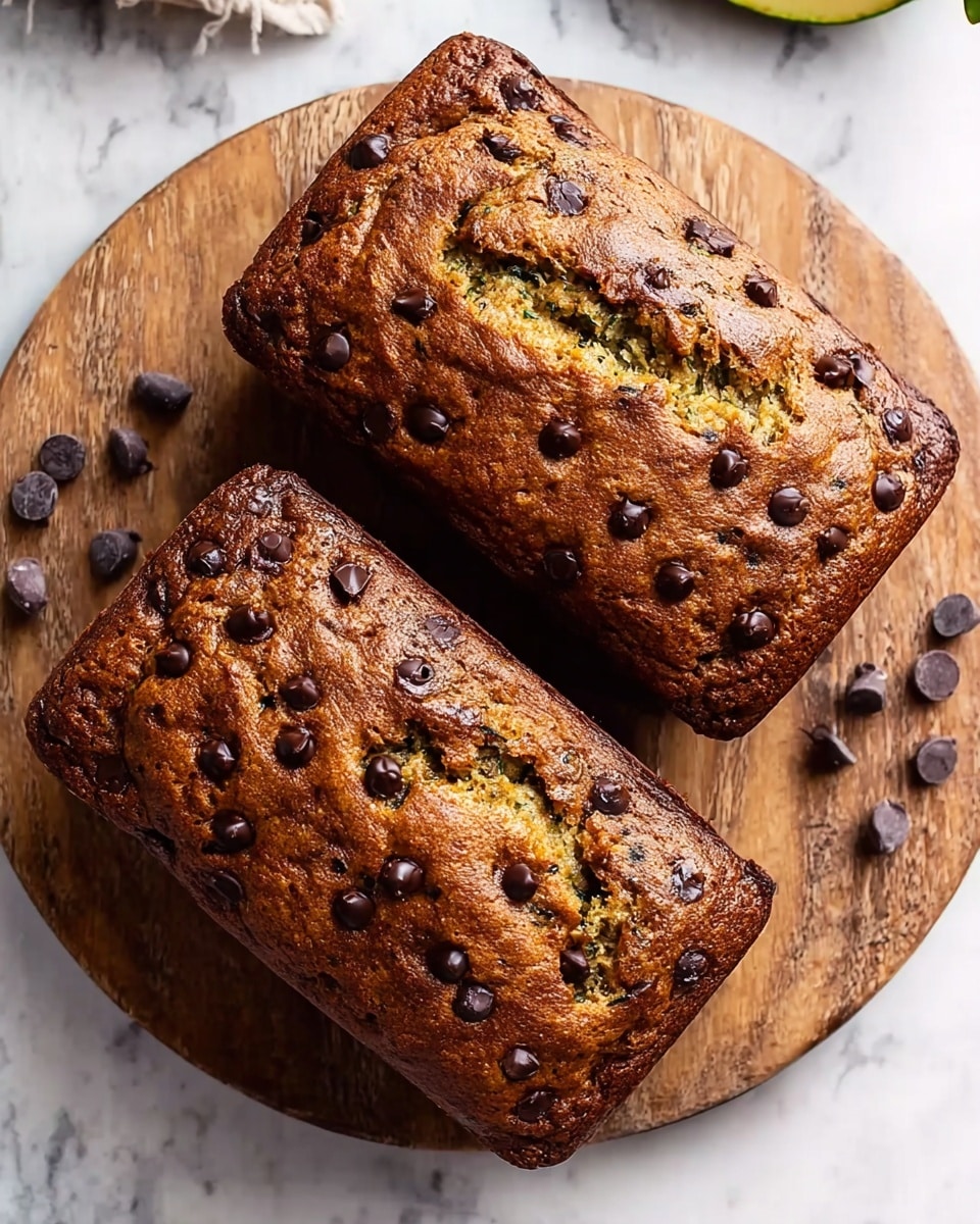 Two rectangular banana breads sit on a round wooden board. Each loaf has a golden brown crust with darker spots where chocolate chips are spread on top and slightly melted. The top of the breads show a cracked texture revealing greenish bits inside, likely from zucchini or similar. A few loose chocolate chips are scattered near the board. The background is a white marbled surface. photo taken with an iphone --ar 4:5 --v 7