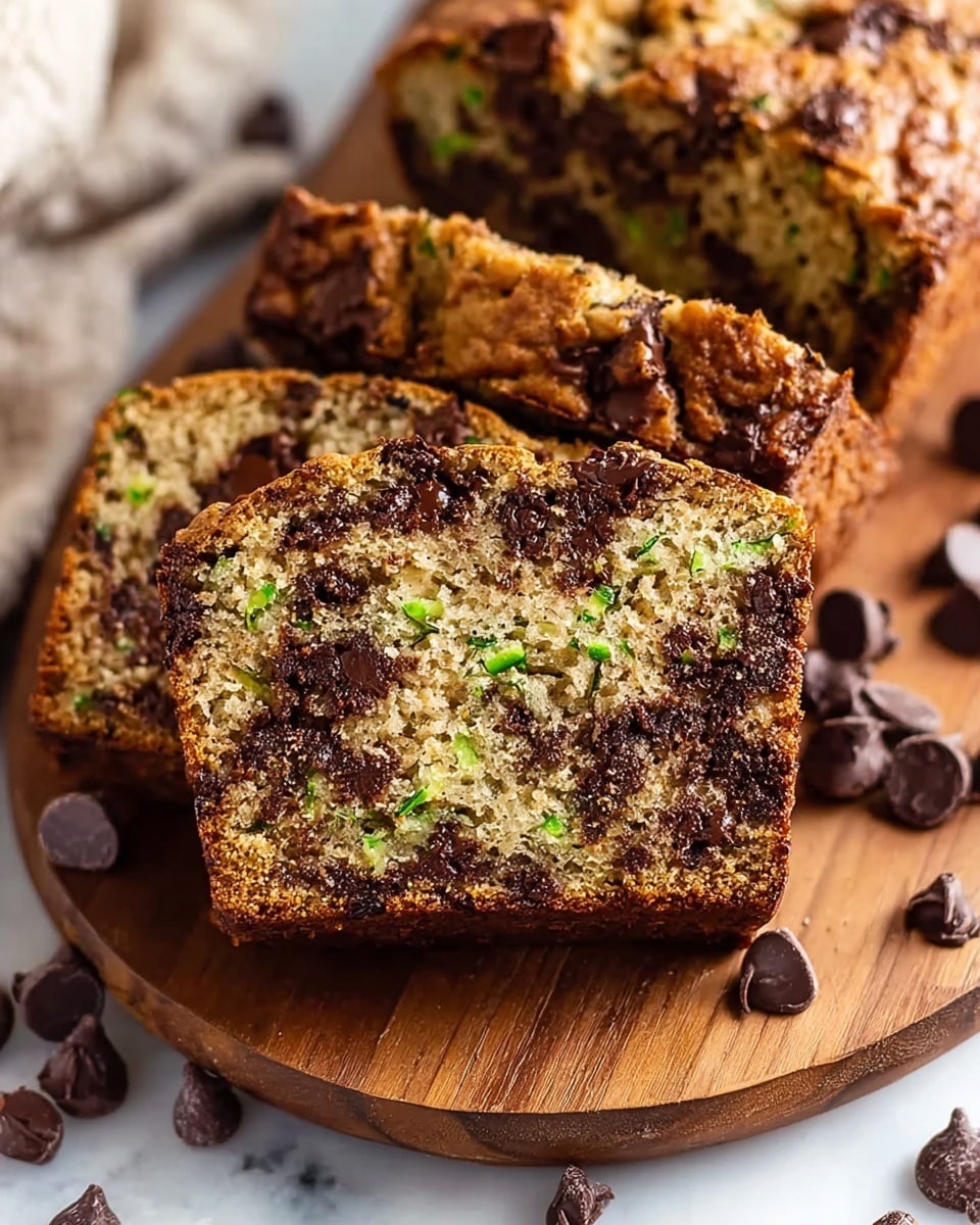 A close-up view of several slices of chocolate chip zucchini bread stacked on a round wooden board, with a golden-brown crust and a moist, light brown inside filled with melted dark chocolate chips and small green zucchini bits spread evenly throughout the bread. Chocolate chips are scattered around the board on a white marbled surface, highlighting the rich texture and gooey chocolate swirls inside the thick slices. The bread's top is rough and cracked, showing a crispy texture. photo taken with an iphone --ar 4:5 --v 7