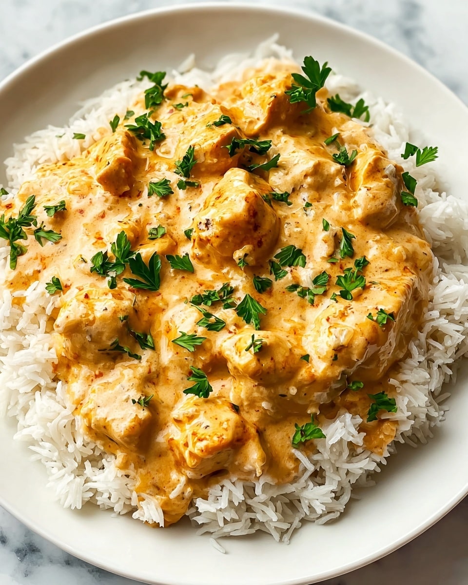 A white plate holds a base layer of fluffy white rice with visible grains. On top is a thick creamy orange-beige sauce with chunks of cooked chicken that have a light golden-brown sear. The sauce covers the chicken pieces and rice unevenly, creating a rich texture. Small fresh green parsley leaves are scattered over the dish, adding a bright contrast to the creamy orange color. The plate is placed on a white marbled surface. photo taken with an iphone --ar 4:5 --v 7