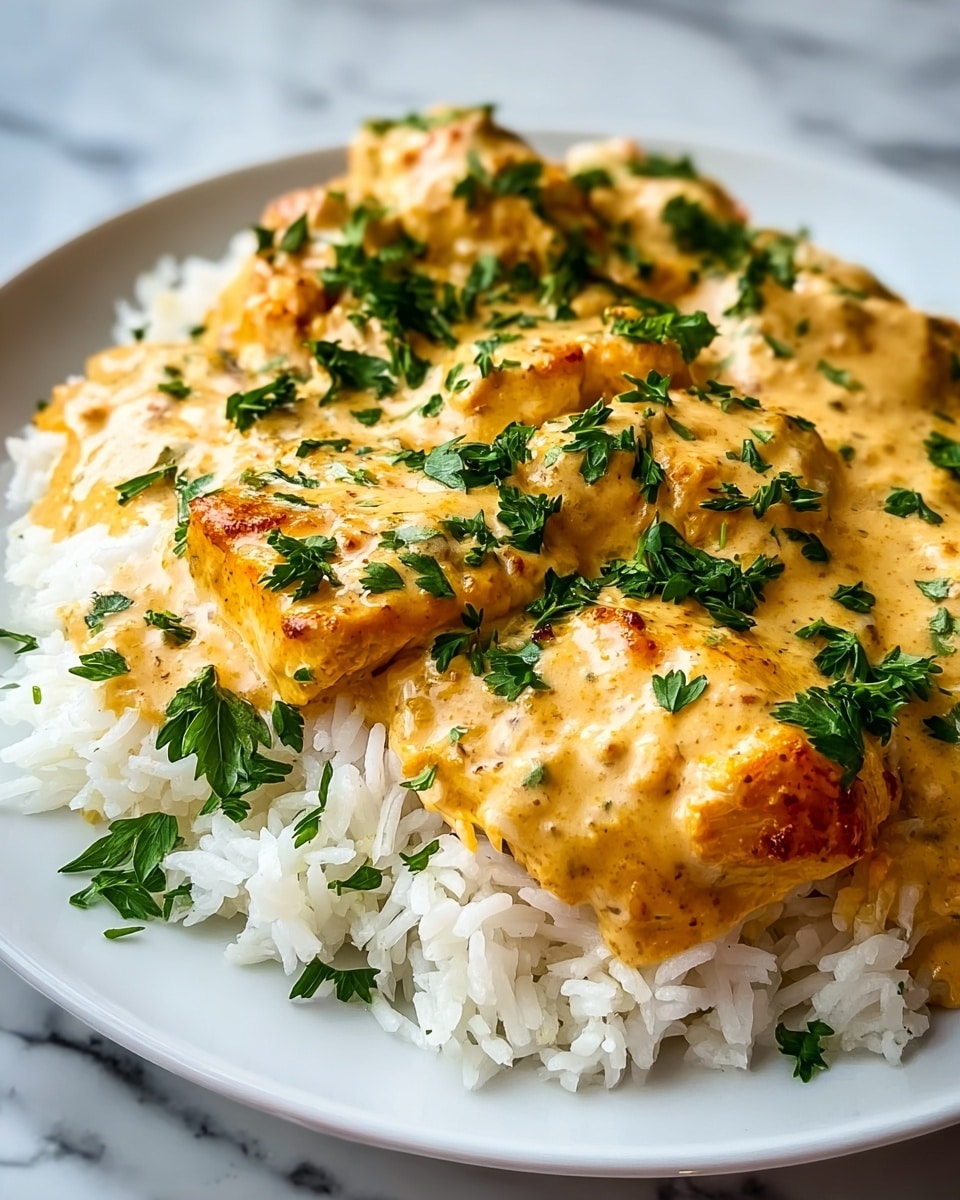 A white plate holds a bed of fluffy white rice as the bottom layer, topped with pieces of golden brown baked chicken covered in a creamy, light orange sauce. Green parsley leaves are sprinkled over the chicken and rice, adding a fresh and vibrant touch. The sauce looks rich and smooth with some browned spots on the chicken, giving it a slightly crispy texture. The dish is set against a white marbled surface. photo taken with an iphone --ar 4:5 --v 7