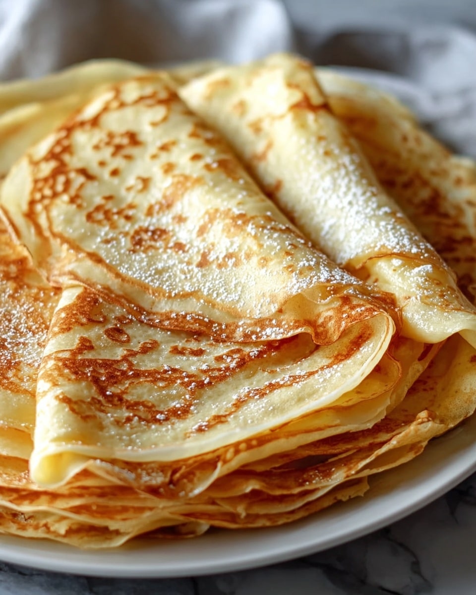 A stack of thin, golden brown crepes with slightly crisp edges is shown on a dark wooden plate. There are about five crepes layered one on top of the other, each with a delicate, lacy texture and light browning patterns. The top crepe is folded to reveal its soft, light yellow inside and has a small pile of shiny, orange fish roe placed near one corner. The dish sits on a white marbled surface. Photo taken with an iphone --ar 4:5 --v 7