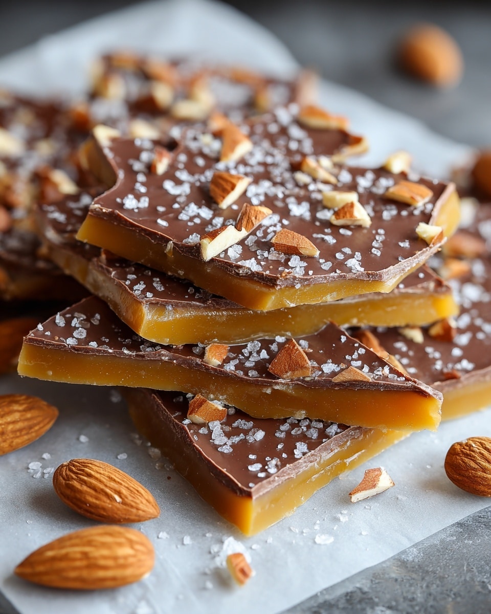 The image shows several pieces of toffee bark stacked on top of each other on a white marbled surface covered with white parchment paper. Each piece has two layers: a thick golden caramel base layer with a smooth texture and a slightly glossy dark brown chocolate top layer. The chocolate is sprinkled with small, chopped almonds and coarse white sea salt flakes, adding texture and color contrast. A few whole almonds are placed near the toffee pieces in the foreground. The photo is taken close-up, showing the rough edges and shiny surfaces of the toffee bark. photo taken with an iphone --ar 4:5 --v 7