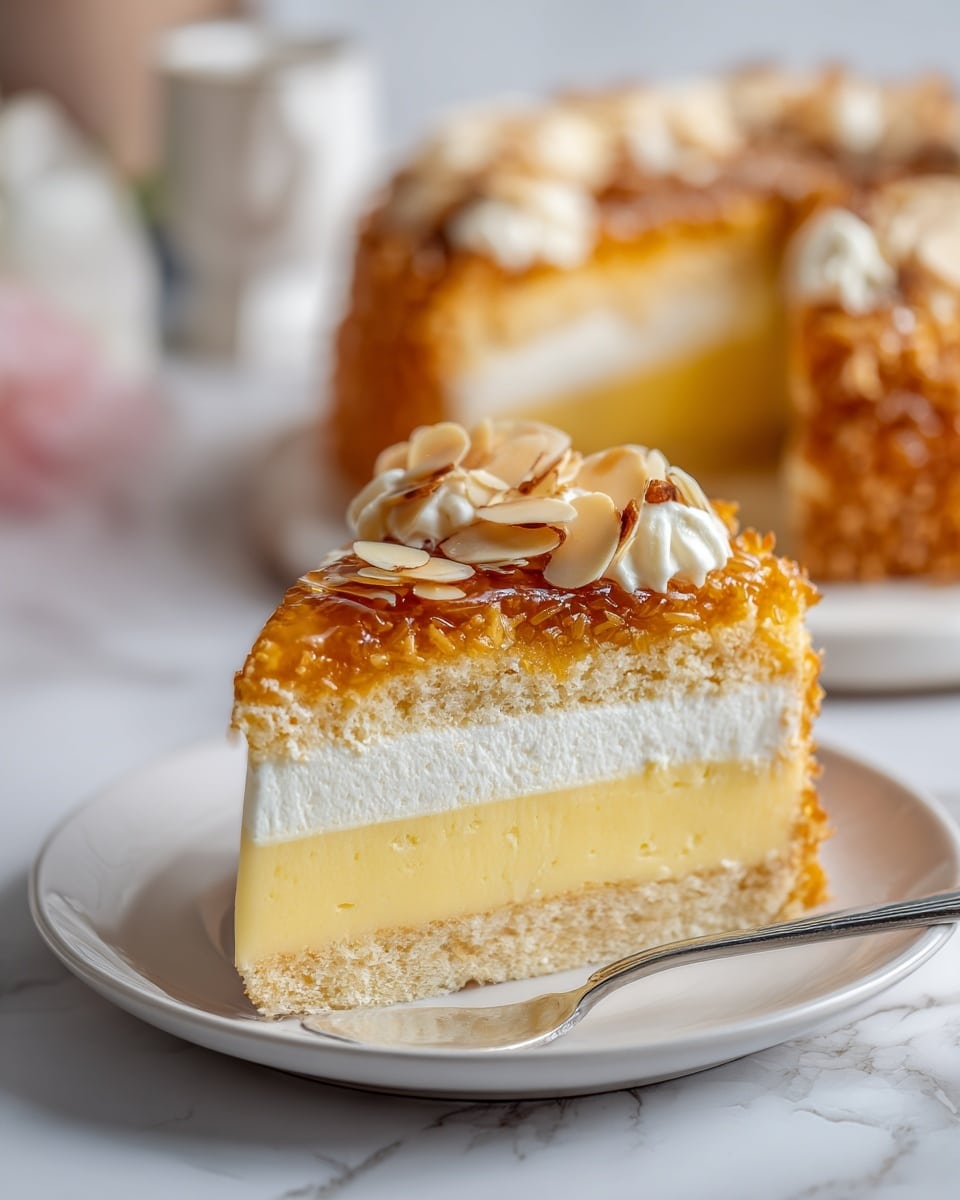 A close-up of a slice of layered cake on a white plate, showing four distinct layers: the bottom layer is a light golden crust, above it is a smooth yellow custard layer, followed by a thick white creamy layer, and topped with a textured, shredded golden topping covered with a shiny amber glaze and scattered almond slices. In the background, the rest of the cake is visible with the same almond and glaze topping, all set on a white marbled surface. A small silver fork rests on the plate near the cake slice. Photo taken with an iphone --ar 4:5 --v 7