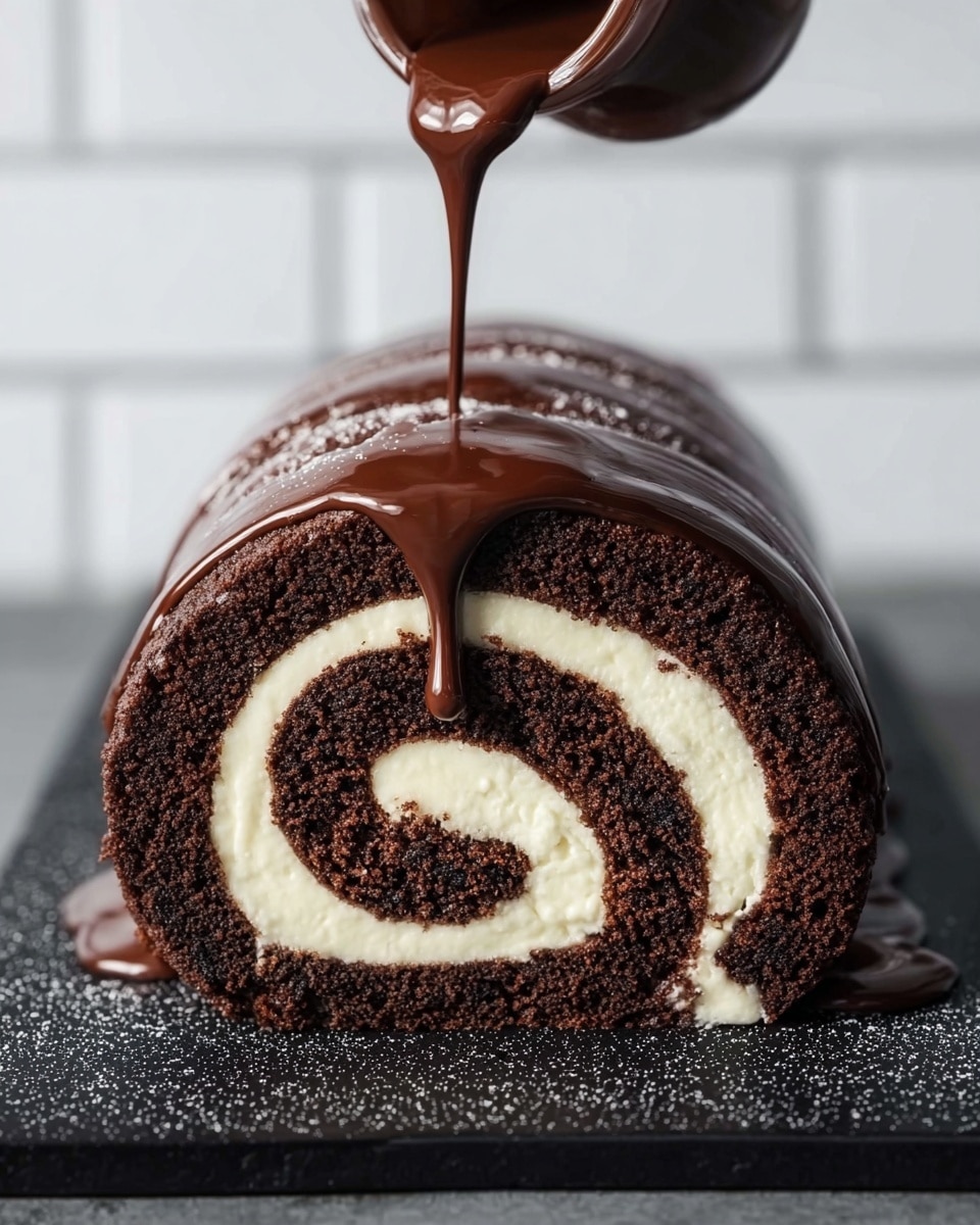 A close-up of a chocolate roll cake with two visible layers, the outer layer is dark chocolate sponge with a soft, crumbly texture and the inner layer is a smooth, light cream filling rolled together in a spiral shape. Rich glossy chocolate sauce is being poured on top, slowly dripping down the sides of the cake. The cake sits on a black textured surface with a white tiled background. photo taken with an iphone --ar 4:5 --v 7