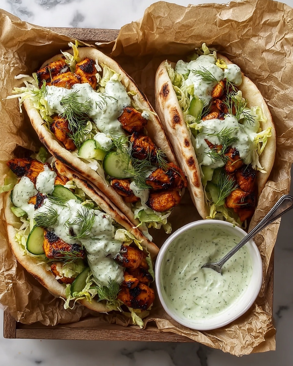 Three pita pocket sandwiches are filled with grilled, charred orange chicken pieces at the bottom, topped with bright green sliced cucumbers and shredded lettuce, all covered with a creamy, light green sauce speckled with herbs. Fresh green dill sprigs are scattered on top of the sauce and lettuce, adding a delicate, leafy texture. The pitas are soft and slightly browned on the outside, creating a warm contrast to the cool fillings. Next to the sandwiches is a small white bowl filled with the same creamy herb sauce, with a silver spoon resting inside. The food is placed on crumpled brown parchment paper inside a wooden box, set against a white marbled textured background photo taken with an iphone --ar 4:5 --v 7