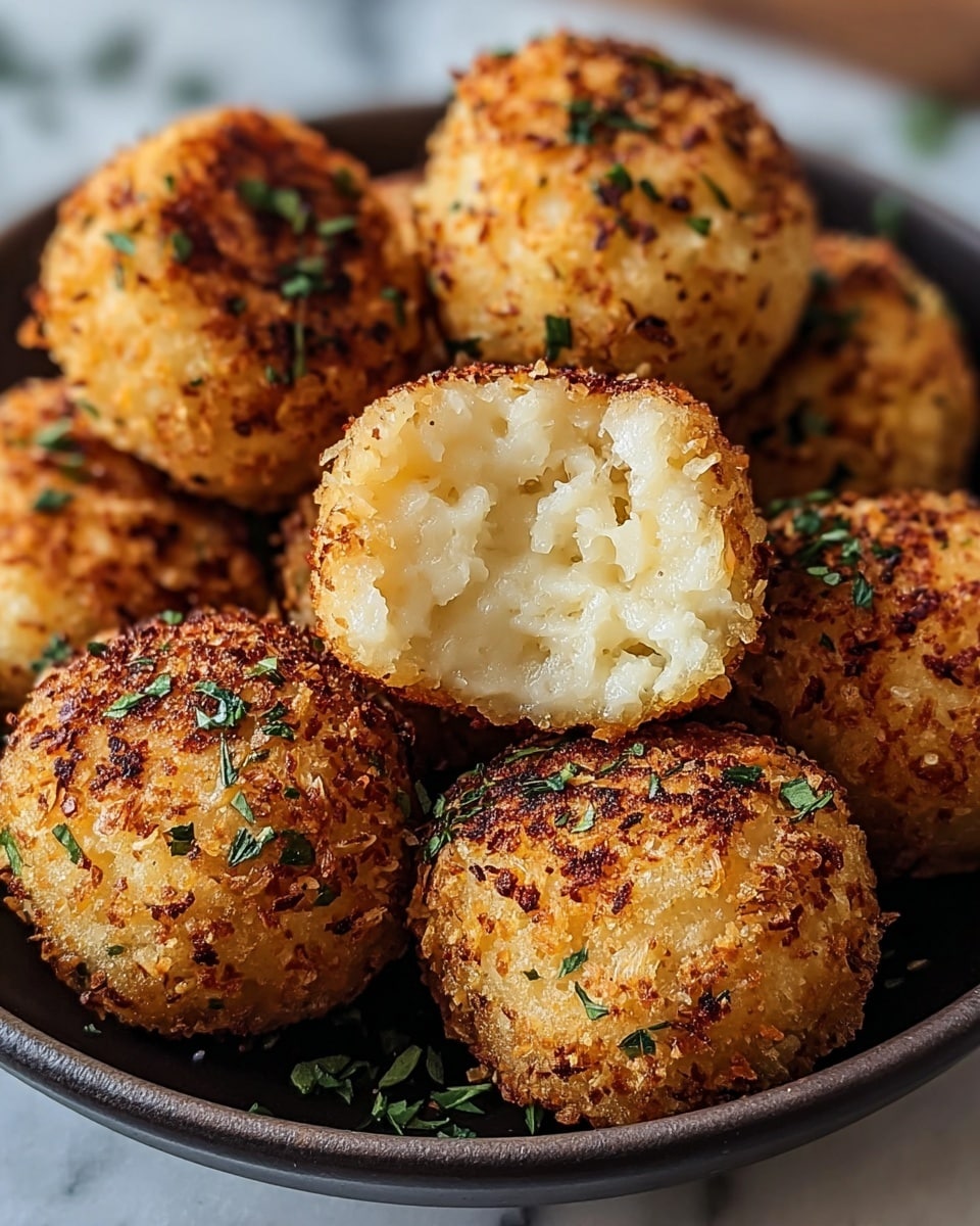 The image shows a dark bowl filled with several golden brown, round croquettes that have a crispy, toasted outer layer with small green herb pieces sprinkled on them. One croquette in the center is cut in half, revealing a soft, pale creamy inside with a slightly grainy texture. The croquettes have a crunchy, textured surface from the toasted coating, and the overall look is warm and inviting. The bowl sits on a white marbled surface. photo taken with an iphone --ar 4:5 --v 7