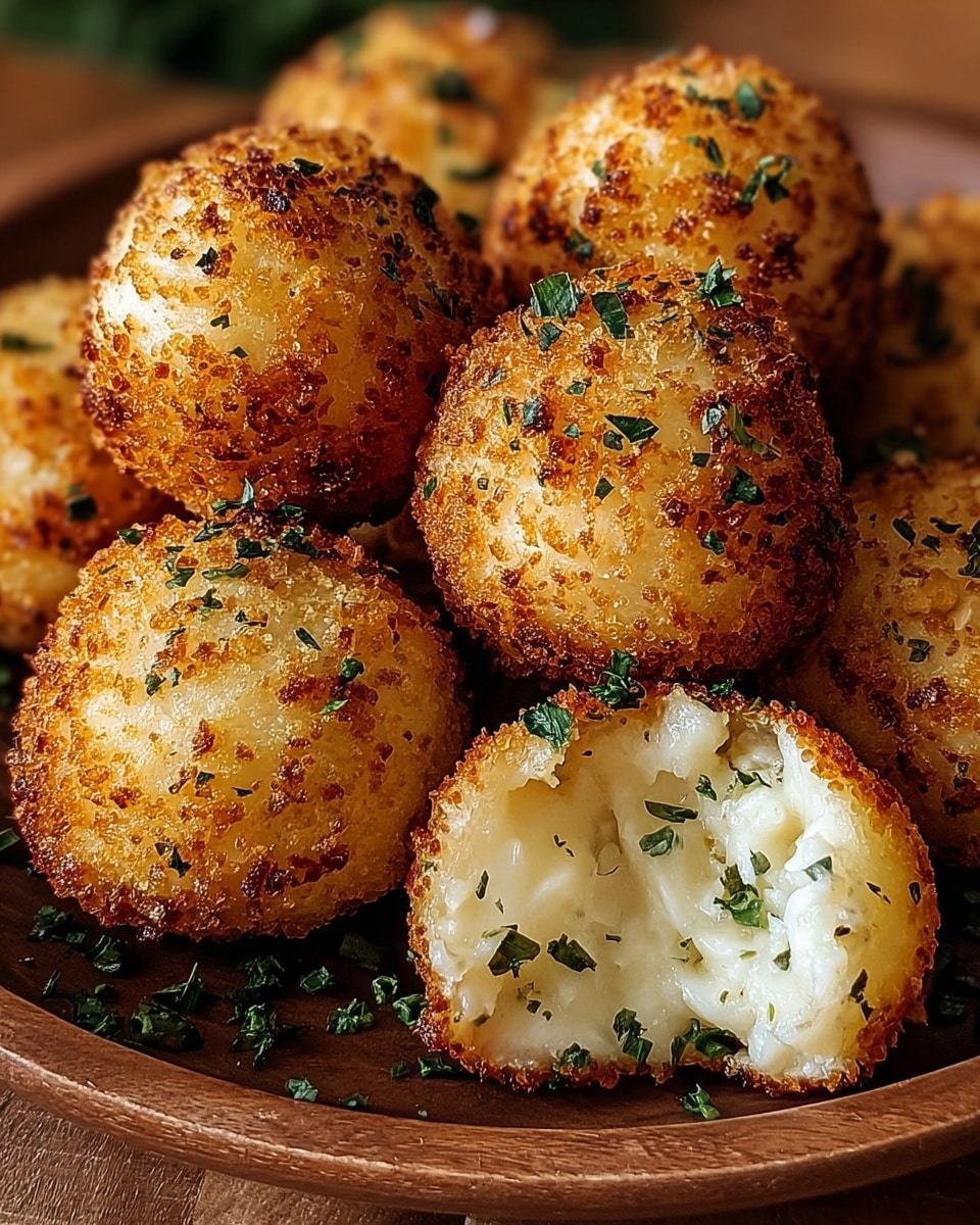 A close-up view of nine golden brown fried balls with a rough, crispy outer layer covered in tiny crunchy crumbs and small green herb flakes scattered on top. One fried ball is broken open at the front, showing a soft, fluffy white inside with small green herb pieces mixed in. The balls sit closely together on a round brown dish, and some green herb pieces are scattered around the base. The background is out of focus but has warm tones. photo taken with an iphone --ar 4:5 --v 7
