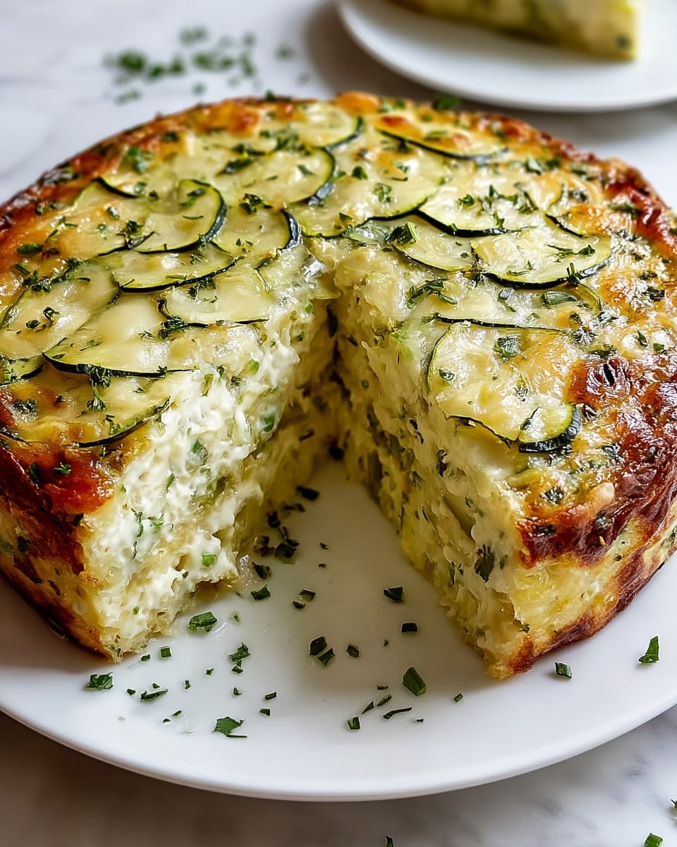 A round zucchini casserole with three visible layers sits on a white plate on a white marbled surface. The bottom layer is a light golden-brown crust, thin and firm. The middle layer is thick, creamy, and pale yellow with small green zucchini bits mixed throughout. The top layer is a golden-brown melted cheese crust with thin slices of zucchini and small green herb sprinkles scattered on it. One slice is cut out, showing the inside texture and layers clearly, with small herb pieces around the plate. Photo taken with an iphone --ar 4:5 --v 7