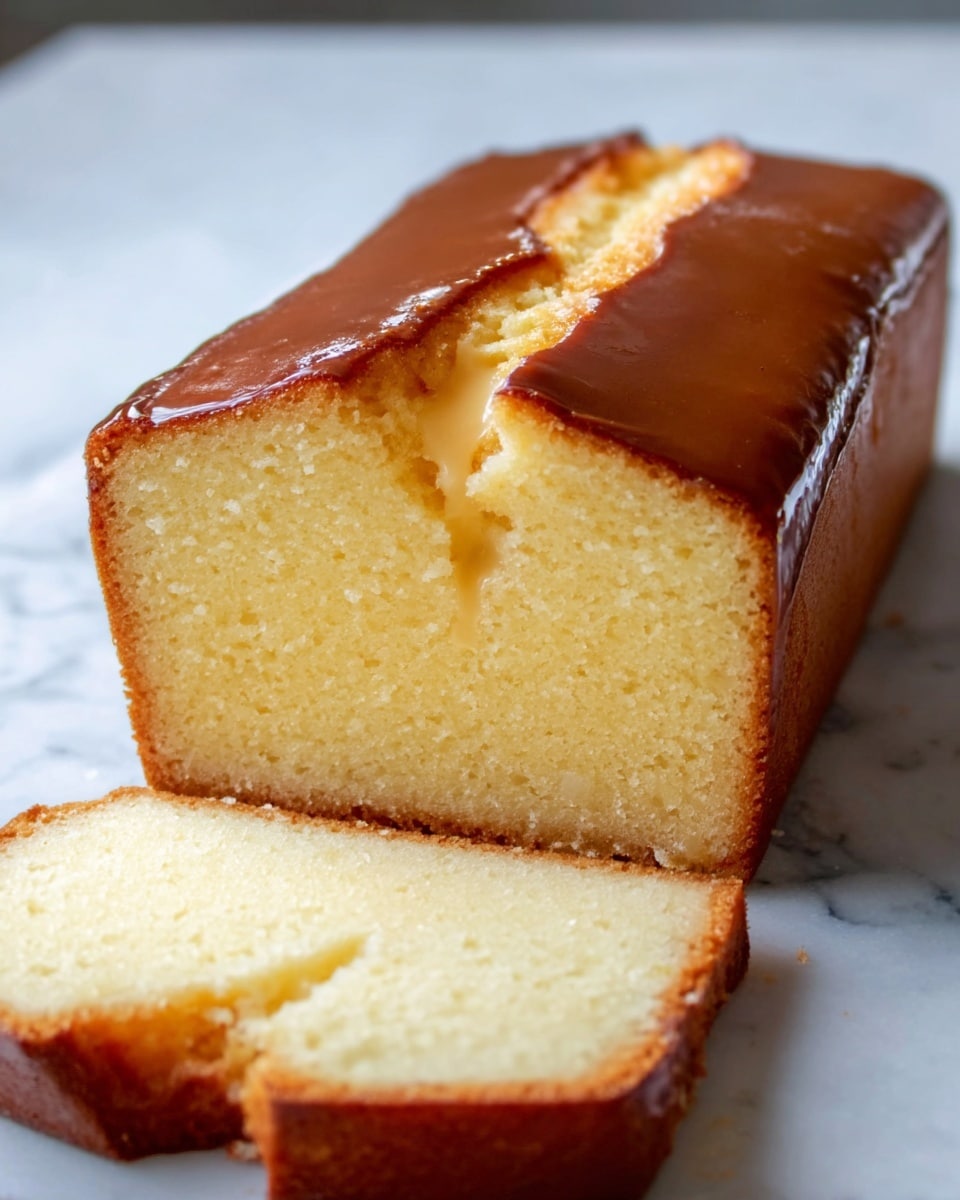 The image shows a smooth, dense pound cake sliced to display its inside. The cake has one main layer that is light yellow and soft-looking with a slightly crumbly texture. It is topped with a thin, shiny brown crust that covers the top surface and wraps slightly down the sides. The top crust has a crack running through the middle, revealing the moist cake inside. The cake sits on a white marbled surface. Photo taken with an iphone --ar 4:5 --v 7