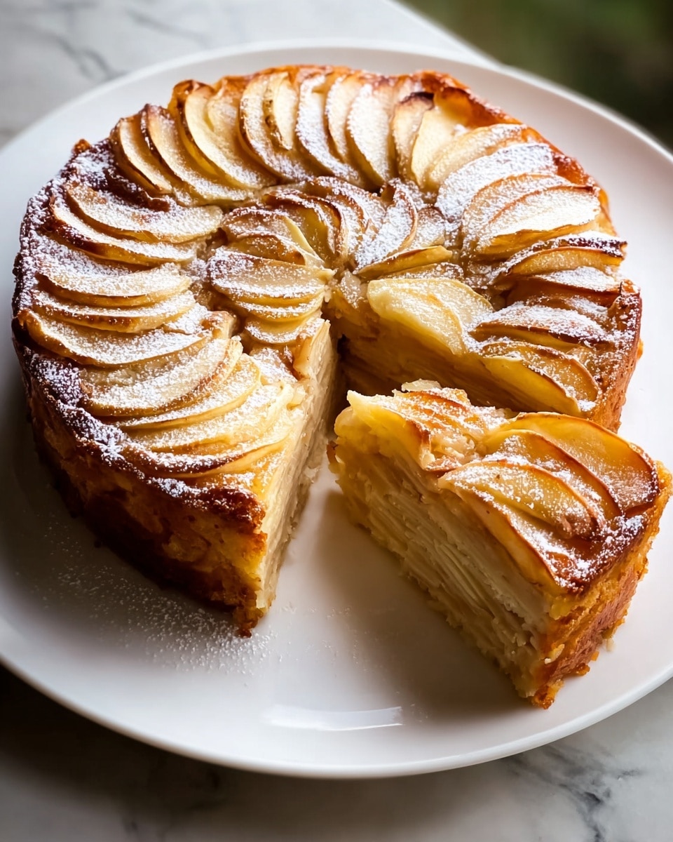 A sliced apple cake with many thin layers of baked apple and light cake, stacked neatly inside, topped with thin apple slices arranged in a circular pattern with a golden brown baked texture and dusted lightly with powdered sugar, sitting on a white plate on a white marbled texture surface. photo taken with an iphone --ar 4:5 --v 7