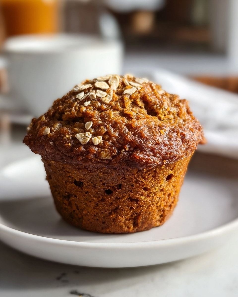 A close-up of a single muffin with a rough, crumbly top sprinkled with a few oat flakes. The muffin has a warm brown color, with the top layer showing a darker, textured surface and the sides appearing moist and soft with small holes. It sits centered on a white plate with smooth edges, set against a white marbled surface with a softly blurred background that hints at a cozy kitchen scene. Photo taken with an iphone --ar 4:5 --v 7
