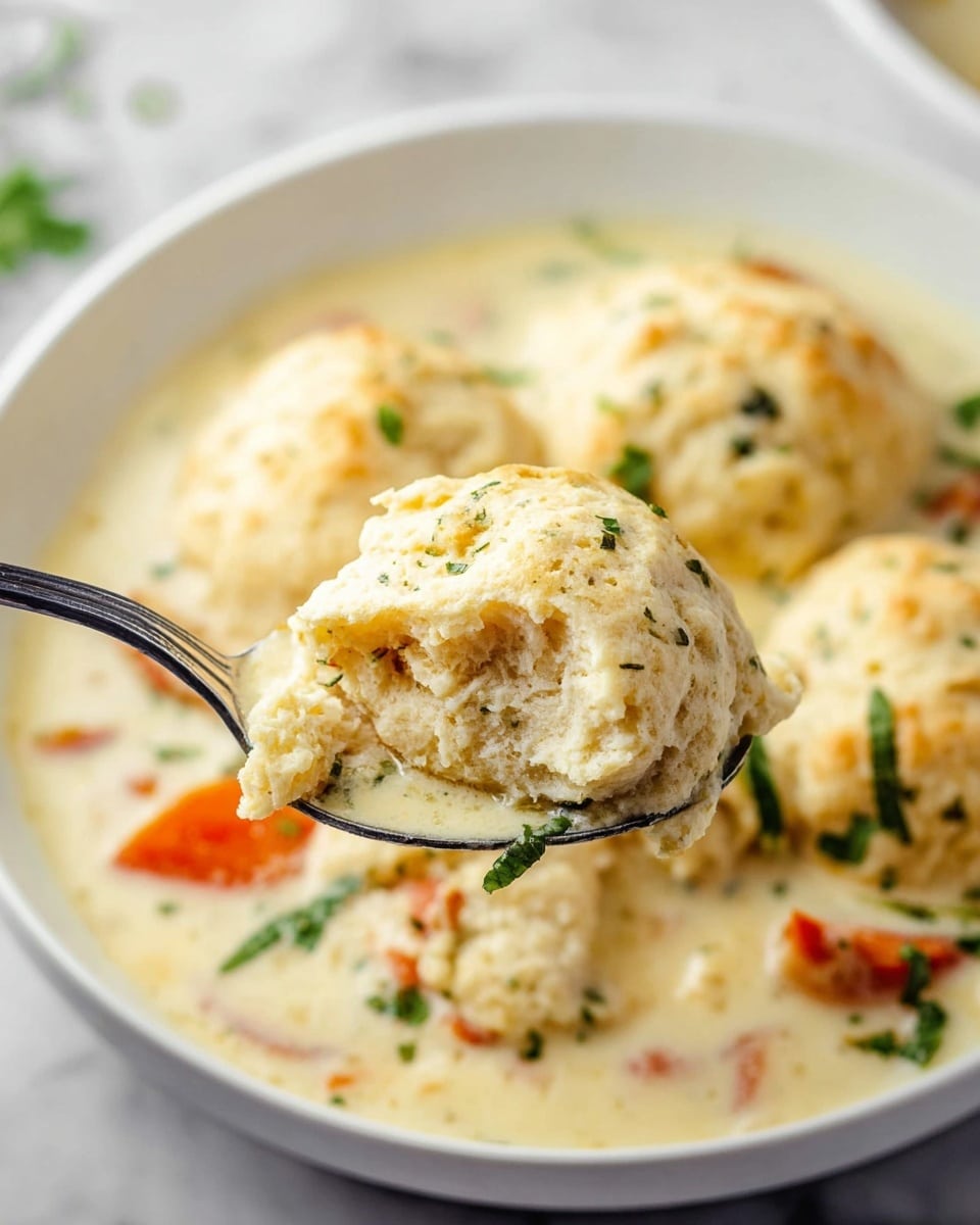 The image shows a close-up of a scoop of creamy biscuit dough with visible herbs and small air pockets, sitting on a silver spoon. This biscuit piece is the main focus, with a light golden crust on the outside and a soft, fluffy inside. The spoon is held above a white bowl filled with bright creamy soup that contains small slices of orange carrots and green herbs sprinkled throughout. In the background, several more biscuit pieces float in the soup, which has a smooth and thick texture. The bowl rests on a white marbled surface, adding a clean and simple contrast to the warm dish. photo taken with an iphone --ar 4:5 --v 7