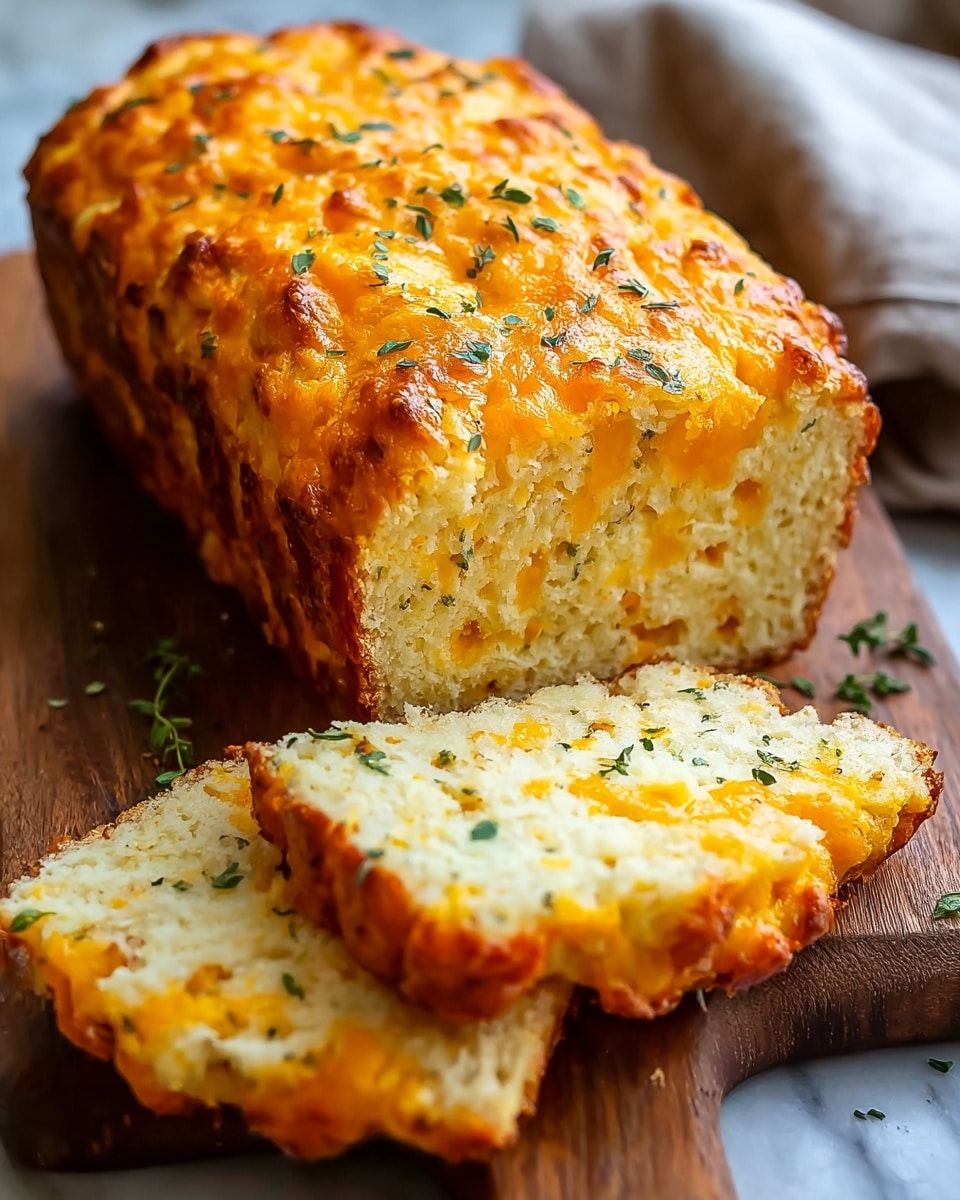 A loaf of golden-brown cheesy bread is shown on a wooden board over a white marbled texture. The bread has a thick crust with melted orange cheese baked into the top and edges, with small green herb sprinkles scattered on top. Two slices are cut off the loaf, showing the soft, light yellow inside dotted with melted cheese pieces and herbs. The texture of the bread looks moist and fluffy, with the melted cheese creating glossy, stretchy spots throughout. Photo taken with an iphone --ar 4:5 --v 7