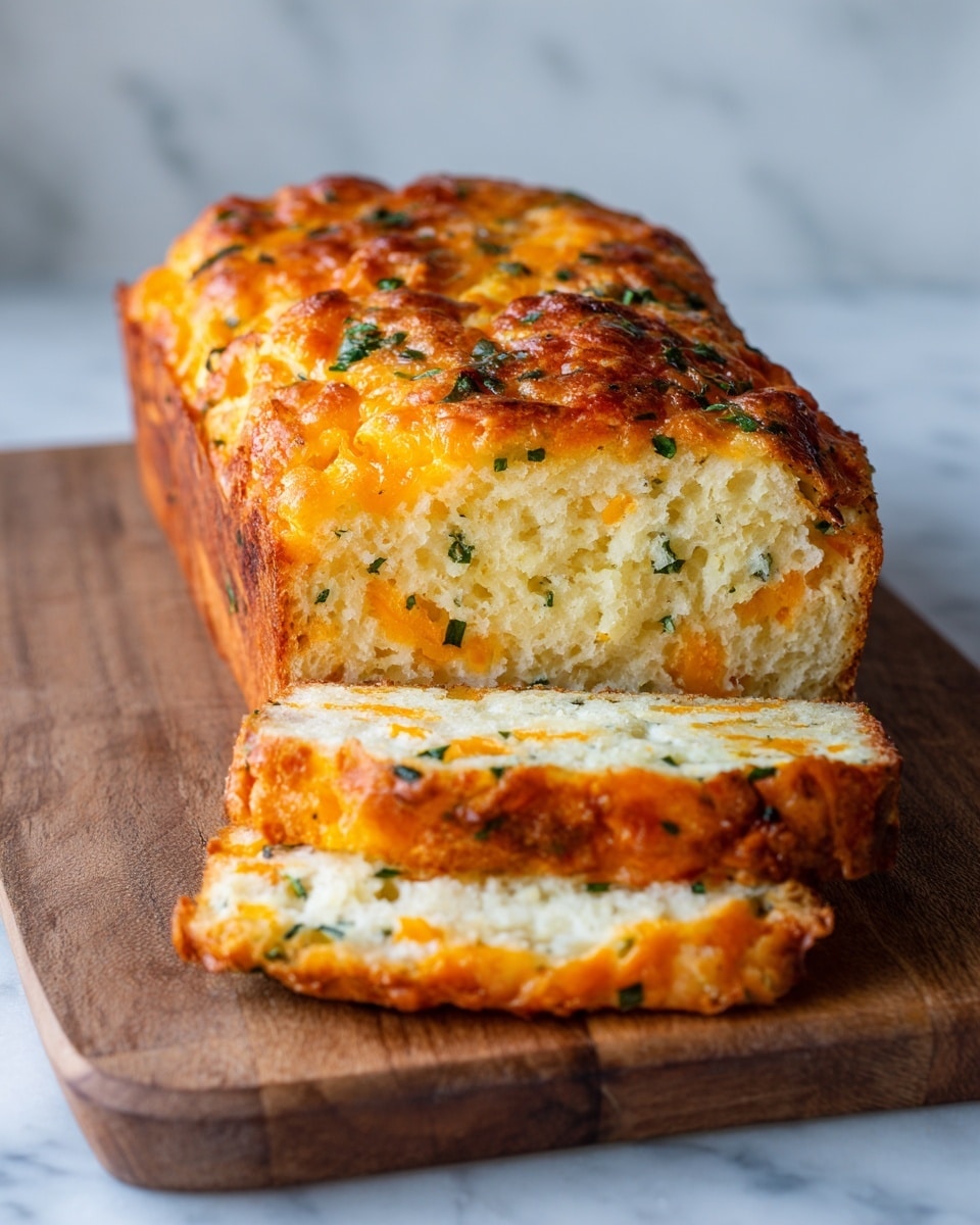 A loaf of cheesy bread is shown on a wooden board with a white marbled background. The bread has two visible layers: the top layer is golden brown with melted orange cheese and small green herb pieces scattered on it, showing a crispy and slightly shiny texture. The inner layer is light yellow with a soft, crumbly texture and some orange cheese streaks mixed inside. The bread is sliced, revealing these layers clearly, with two slices placed in front of the loaf, both covered lightly with melted cheese and herbs. photo taken with an iphone --ar 4:5 --v 7