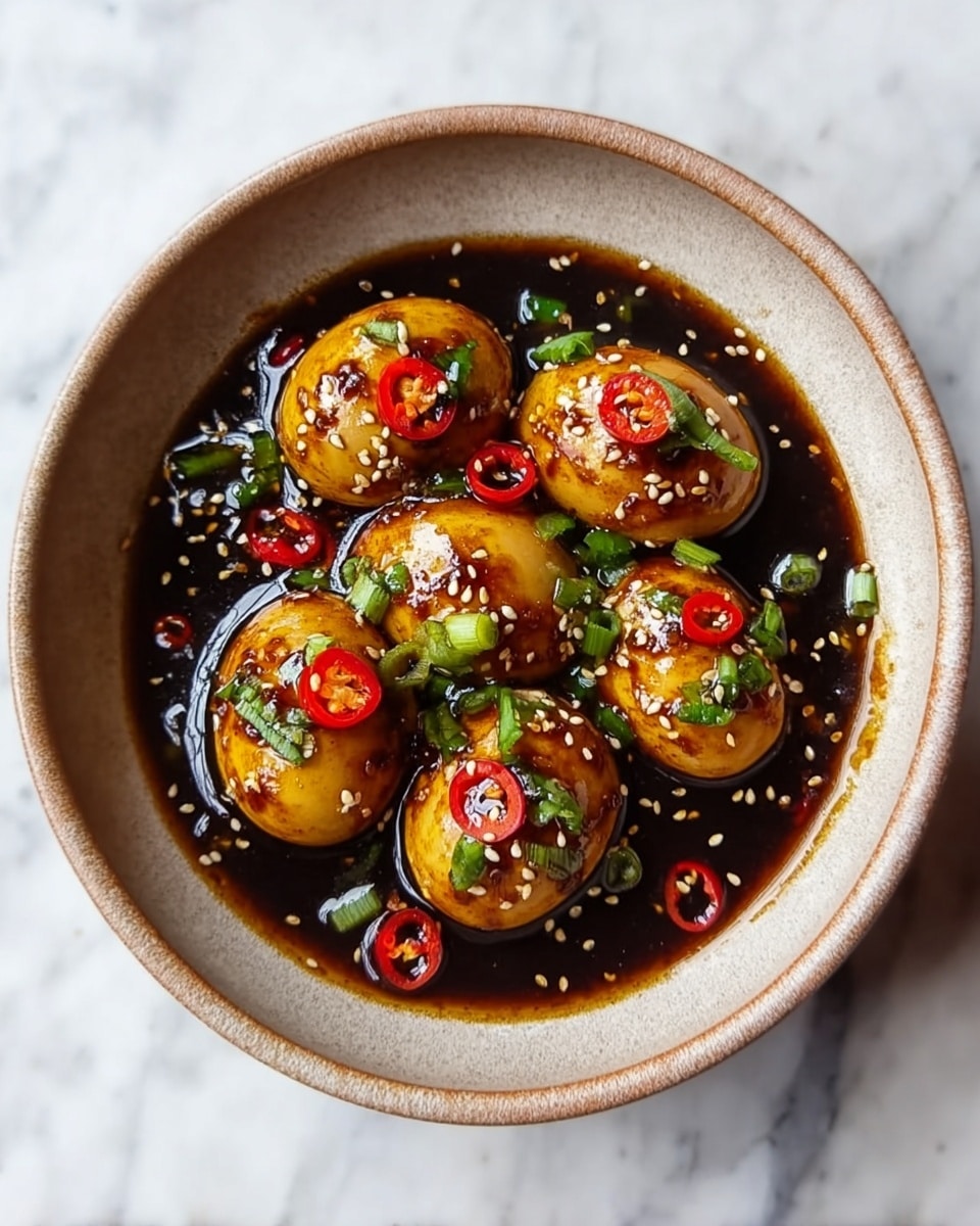A beige round bowl holds six smooth, shiny eggs covered in a dark brown sauce with a glossy texture. The eggs are scattered evenly, with slices of bright red chili peppers and small green onion rings sprinkled on top for color. Tiny white sesame seeds are spread around the eggs and sauce, adding small spots of texture. The bowl sits on a white marbled surface, creating a simple and clean backdrop. Photo taken with an iphone --ar 4:5 --v 7