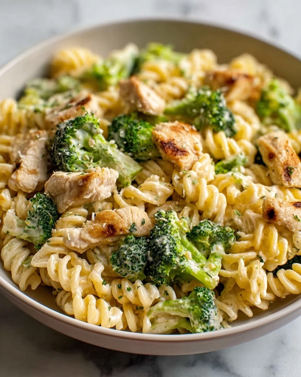 A close-up view of a shallow white bowl filled with creamy pasta, showing about three layers of ingredients. The bottom layer contains spiraled pasta shells in a pale yellow color with a creamy texture. On top of this, there are bright green broccoli florets scattered around, lightly cooked with some texture. The top layer has pieces of grilled chicken that are light brown with char marks, mixed evenly throughout the pasta and broccoli. The dish looks creamy, with some herbs lightly sprinkled on the surface. The bowl is placed on a white marbled surface. photo taken with an iphone --ar 4:5 --v 7
