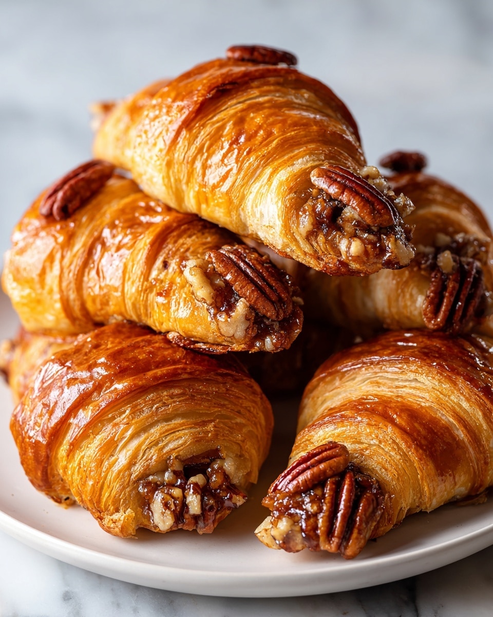 The image shows a close-up of several golden-brown pastries with a shiny glaze on top, each having multiple flaky layers of light yellow dough spiraled around a filling of chopped and whole pecans coated in a glossy syrup. The pastries are arranged closely on a white plate, and a woman's hand is lifting one piece, revealing the soft and sticky nut filling inside. The shiny caramel glaze highlights the texture of the nuts and the delicate, crisp layers of the pastry. The whole scene is set against a white marbled background. photo taken with an iphone --ar 4:5 --v 7