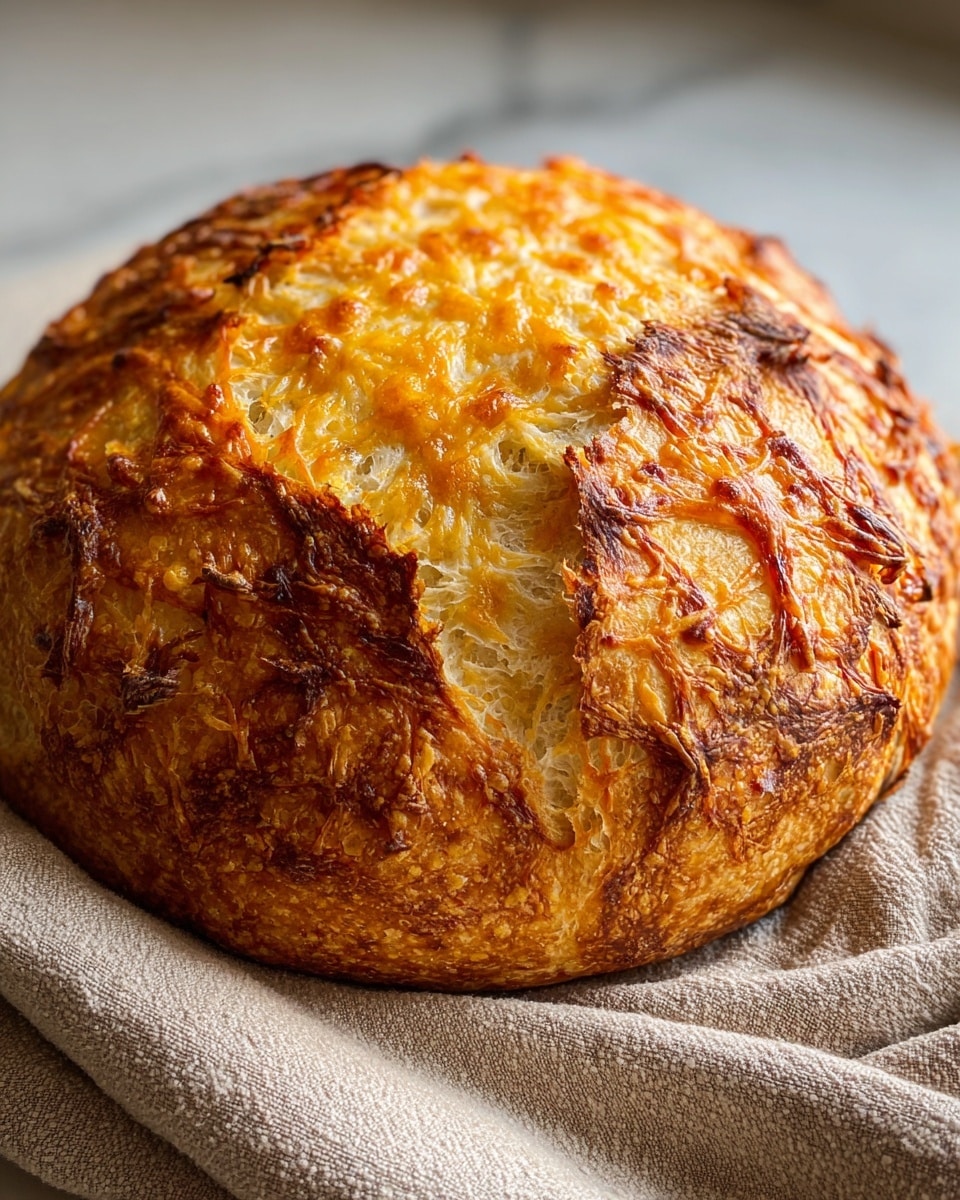 A round loaf of bread with a golden brown crust sits on a soft, textured beige cloth. The crust has a rough, crunchy texture with melted cheese baked on top, creating a mix of light yellow and deep golden tones. The bread's surface shows cracks and fluffy, soft inner bread peeking through. The background is a white marbled texture, softly blurred to keep focus on the loaf. photo taken with an iphone --ar 4:5 --v 7