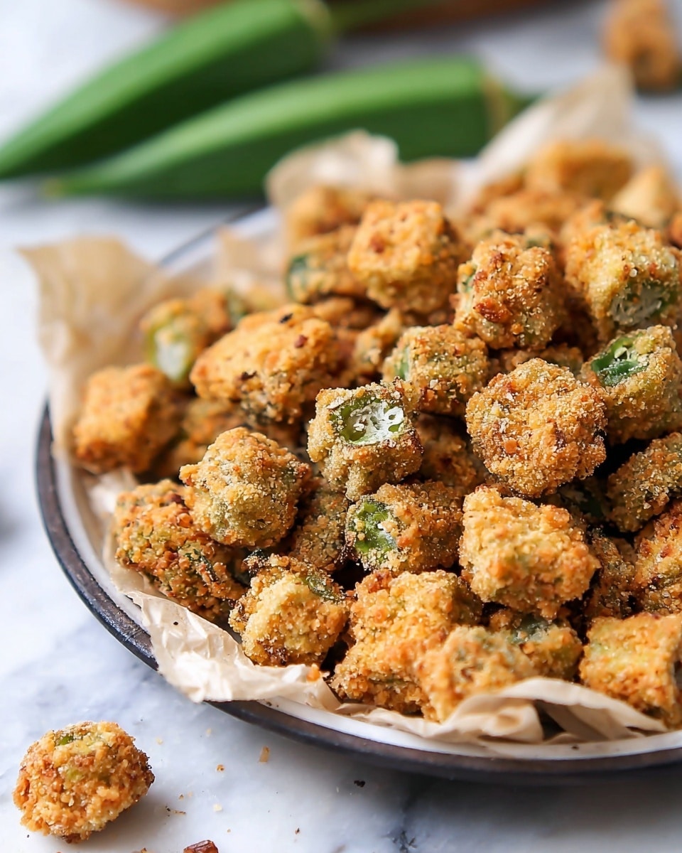 A close-up of crispy fried okra pieces piled unevenly on a round white plate lined with light brown parchment paper. The okra is golden brown and coated in a crunchy, grainy batter with small green bits visible in some pieces. The plate sits on a white marbled surface with a few fried okra pieces scattered around. In the background, a few fresh whole okra pods lay out of focus. photo taken with an iphone --ar 4:5 --v 7