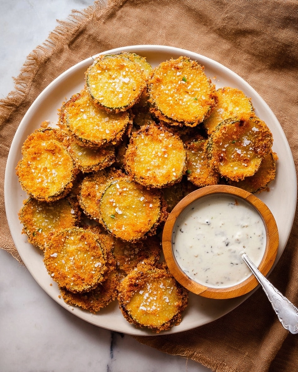 A white round plate filled with a single layer of golden brown fried pickle slices, each with a crispy, coarse-textured coating sprinkled with coarse salt. On the right side of the plate, there is a small wooden bowl filled with a creamy white dipping sauce that has small bits mixed in, with a silver spoon resting inside. The plate is placed on a wrinkled brown cloth, all set on a white marbled surface. photo taken with an iphone --ar 4:5 --v 7