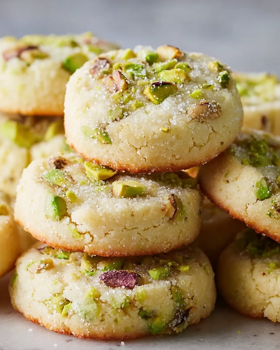 The image shows a close-up of several soft round cookies stacked on top of each other against a white marbled texture. Each cookie has a light golden color with an uneven brown edge. Bright green pistachio pieces are mixed inside the dough and sprinkled on top, along with a dusting of sugar crystals that add a subtle sparkle. The cookies have a slightly rough texture with small cracks visible near the edges, highlighting their crumbly nature. Photo taken with an iphone --ar 4:5 --v 7