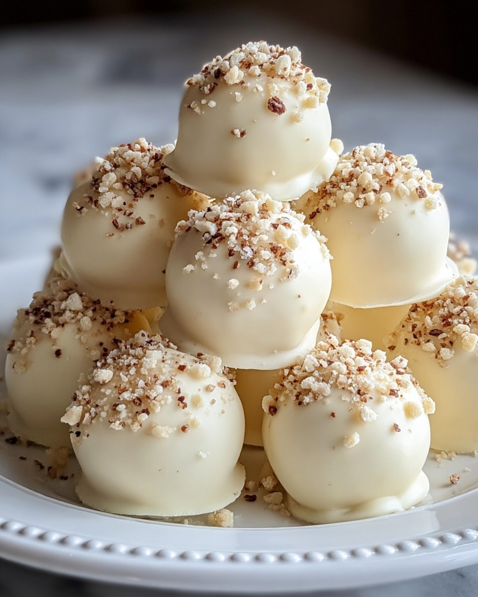 A close-up view of a small pile of smooth, round white chocolate balls stacked in a pyramid shape on a white plate with a delicate edge design. Each ball is coated evenly in creamy white chocolate with a few small drips at the base, and topped with a sprinkling of finely chopped nuts or crunchy bits, giving a slightly rough texture on top with light brown and white colors. The white chocolate coating is shiny and smooth, creating a soft contrast to the textured topping. The plate sits on a white marbled texture, softly blurred in the background, focusing on the neat arrangement of the sweet treats. Photo taken with an iphone --ar 4:5 --v 7