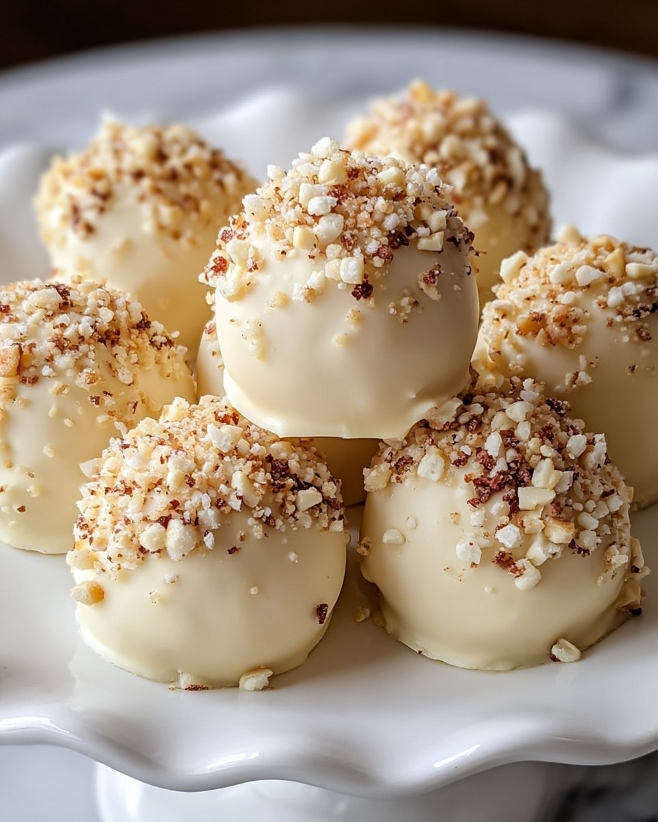 A close-up of a group of round truffles placed on a white plate with a wavy edge. Each truffle is coated smoothly with a pale cream-colored chocolate layer, topped with small bits of white and light brown crushed nuts. The truffles are arranged closely, with some stacked slightly, showing a soft and shiny texture on the chocolate coating. The background has a white marbled surface to enhance the focus on the truffles. photo taken with an iphone --ar 4:5 --v 7