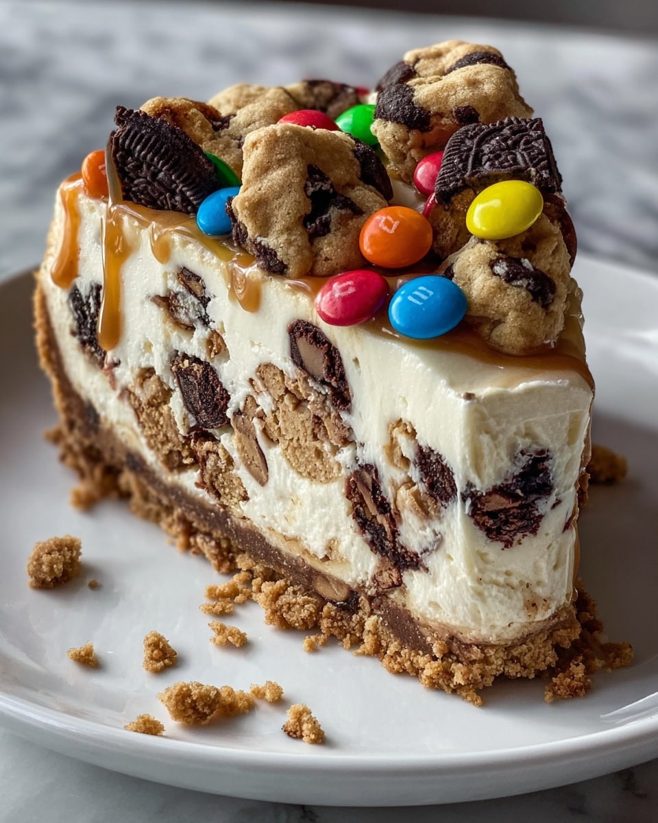 A slice of dessert with three clear layers sits on a white plate over a white marbled surface. The bottom layer is a dense, crumbly cookie crust in light brown with a rough texture. The thick middle layer is creamy white cheesecake filled with chunks of dark brown chocolate cookies and bits of cookie dough. The top layer is decorated with large pieces of chocolate chip cookie dough, small chunks of chocolate cookies, and colorful candy-coated chocolates in red, green, yellow, blue, orange, and brown. Drizzled lightly on top is a smooth caramel sauce. Few crumbs lie scattered on the plate near the slice. Photo taken with an iphone --ar 4:5 --v 7