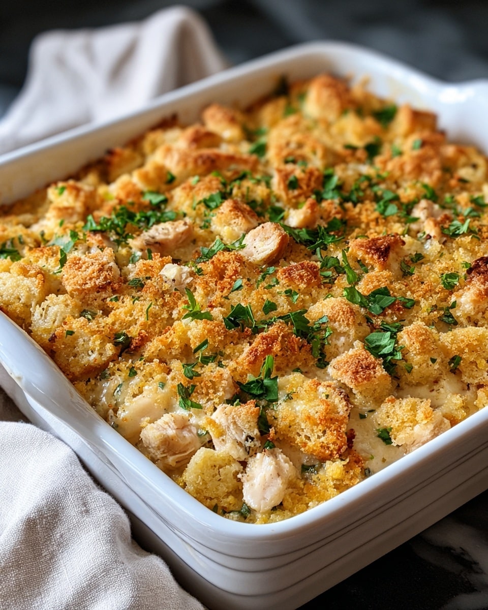 The dish shows a baked casserole in a white square dish with slightly rounded edges. The top layer is a golden-brown, crispy bread crumb topping mixed with small pieces of cooked chicken, lightly browned and tender, scattered evenly. Bright green chopped herbs are sprinkled on top adding a fresh contrast. Beneath the topping, a creamy, light-colored sauce is visible around the edges. The casserole sits on a white marbled surface with a soft cloth nearby. Photo taken with an iphone --ar 4:5 --v 7
