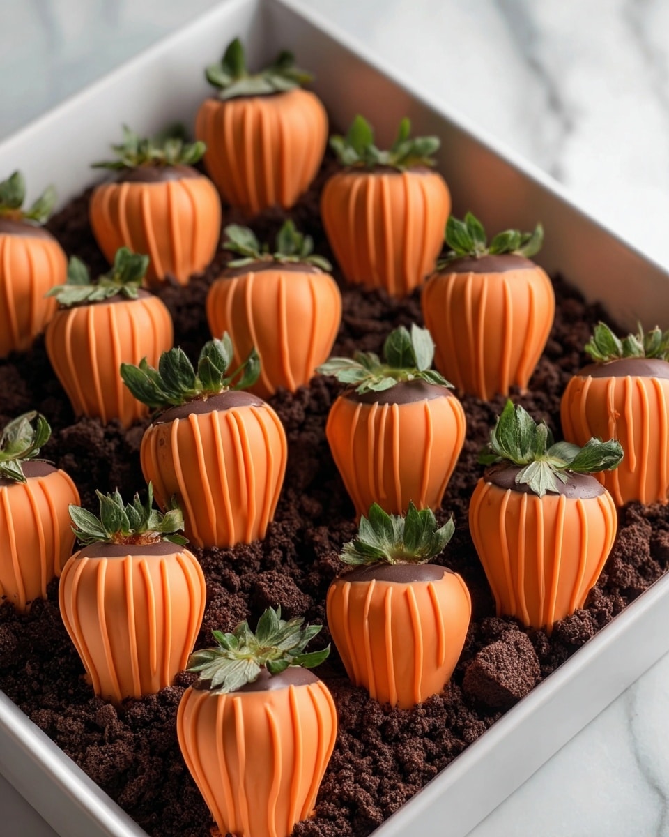 A white tray filled with small strawberries that are dipped in smooth orange coating, each strawberry decorated with vertical ridges to look like mini pumpkins, topped with fresh green leafy caps. The strawberries rest on a bed of dark brown, crumbly chocolate pieces that look like soil, adding texture and contrast to the bright orange fruit. The tray is set on a white marbled surface. photo taken with an iphone --ar 4:5 --v 7