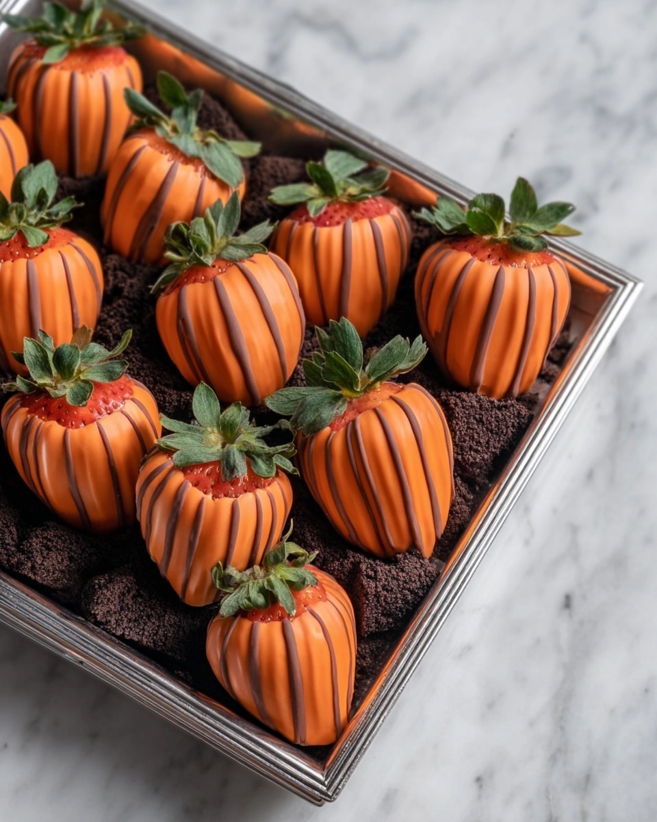 A rectangular silver tray filled with dark brown, chunky crumbs resembling soil holds fifteen strawberries, each dipped in smooth, shiny orange coating with vertical stripes giving a pumpkin-like look. The strawberries' green leafy tops are fresh and vibrant, protruding from the top of the orange layer. The tray rests on a white marbled texture surface that adds a soft, elegant contrast to the dark crumbs and bright orange fruits. photo taken with an iphone --ar 4:5 --v 7