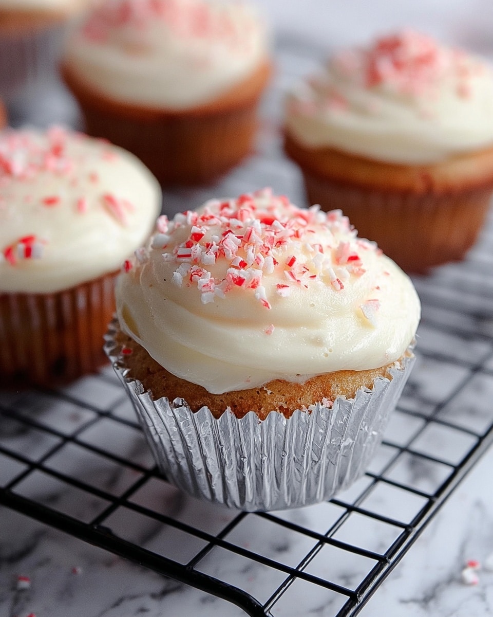 The image shows six cupcakes with two layers each: a light brown cake base topped with a smooth white frosting layer. On top of the frosting, there is a sprinkle of crushed red and white candy pieces, giving a textured look. One cupcake has a bite taken out, revealing the soft cake inside. They are placed on a black wire cooling rack over a white marbled textured surface with two red and white striped candy canes lying beside the rack. photo taken with an iphone --ar 4:5 --v 7