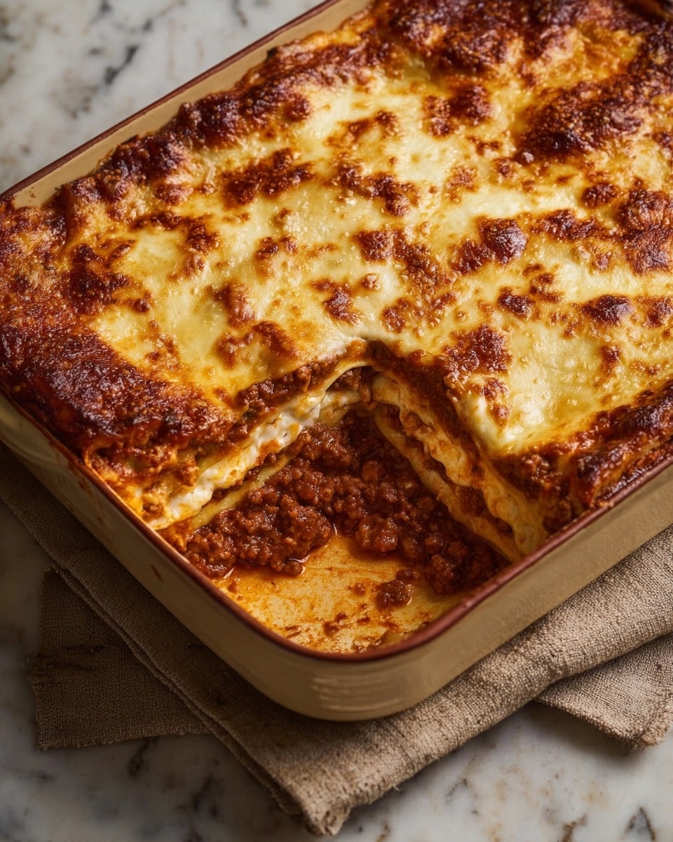 A baked lasagna in a rectangular beige ceramic dish rests on a folded beige cloth over a white marbled surface. One slice has been removed, showing three thick layers of pasta sheets separated by two rich layers of browned meat sauce that is chunky and reddish-brown. On top, a thick, golden-brown layer of melted cheese is slightly bubbly and browned in spots, covering the entire dish. Photo taken with an iphone --ar 4:5 --v 7