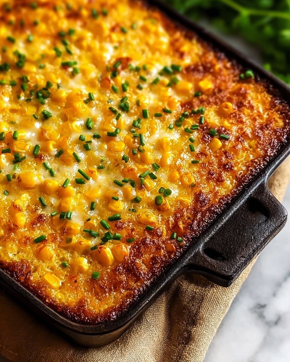 A close-up view of a hot baked corn dish in a black cast iron square pan with small handles on both sides, showing a golden brown crispy top layer dotted with bright yellow corn kernels and sprinkled with fresh green chopped chives, the edges are darker and crispier, with a slightly gooey texture in the middle suggesting melted cheese beneath the corn, the pan rests on a beige cloth placed over a white marbled surface. photo taken with an iphone --ar 4:5 --v 7